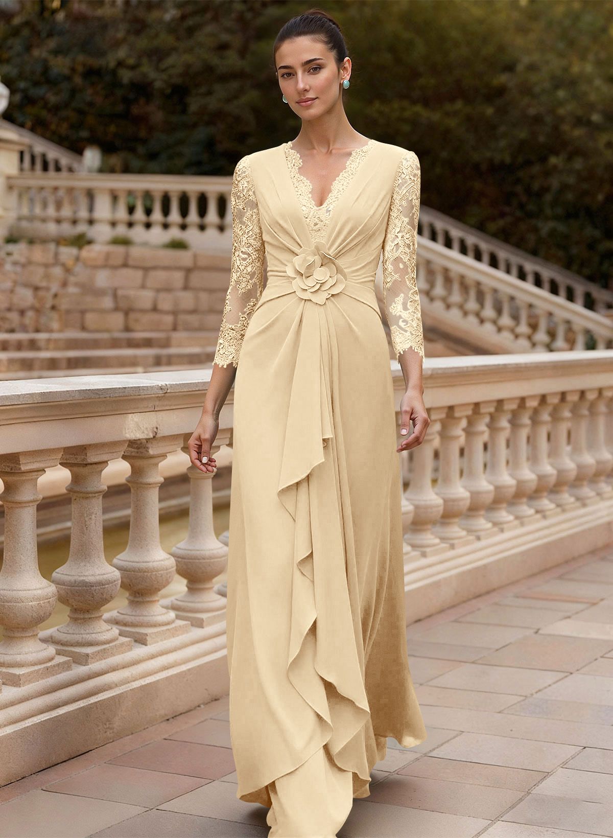 Sheath/Column V-Neck 3/4 Sleeves Floor-Length Lace/Elastic Satin Mother Of The Bride Dresses