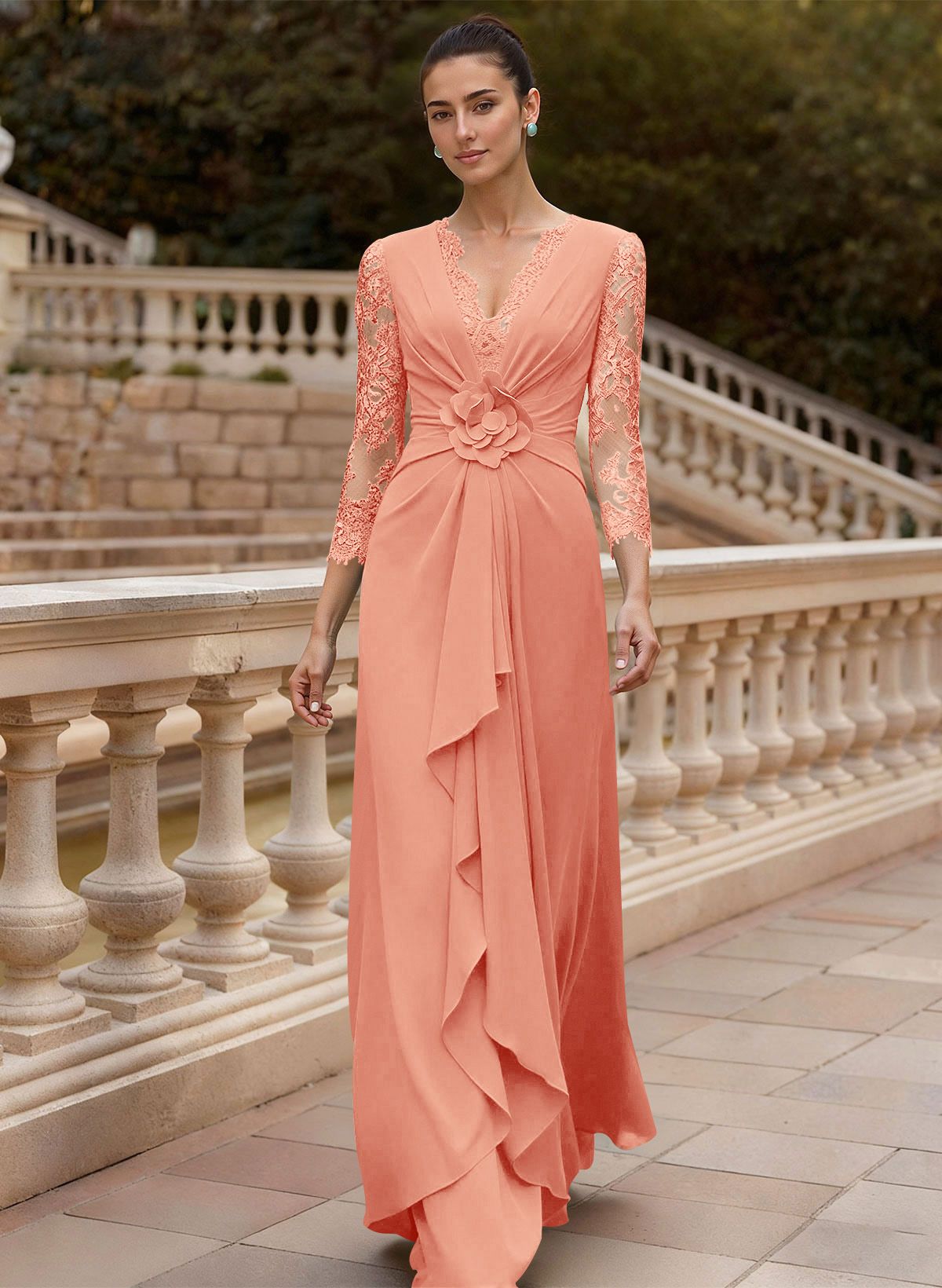 Sheath/Column V-Neck 3/4 Sleeves Floor-Length Lace/Elastic Satin Mother Of The Bride Dresses