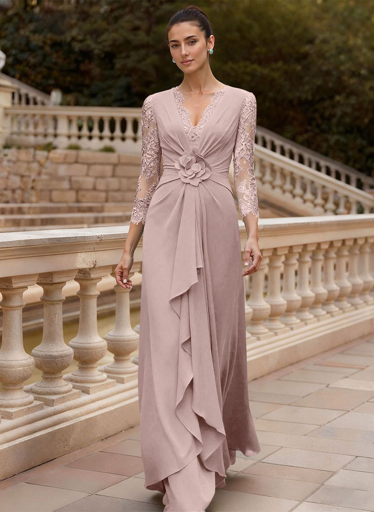 Sheath/Column V-Neck 3/4 Sleeves Floor-Length Lace/Elastic Satin Mother Of The Bride Dresses