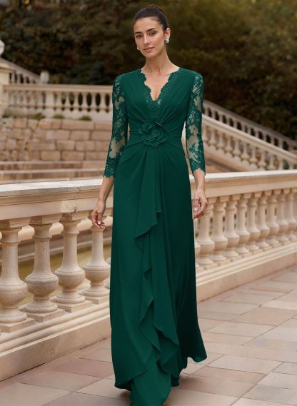 Sheath/Column V-Neck 3/4 Sleeves Floor-Length Lace/Elastic Satin Mother Of The Bride Dresses