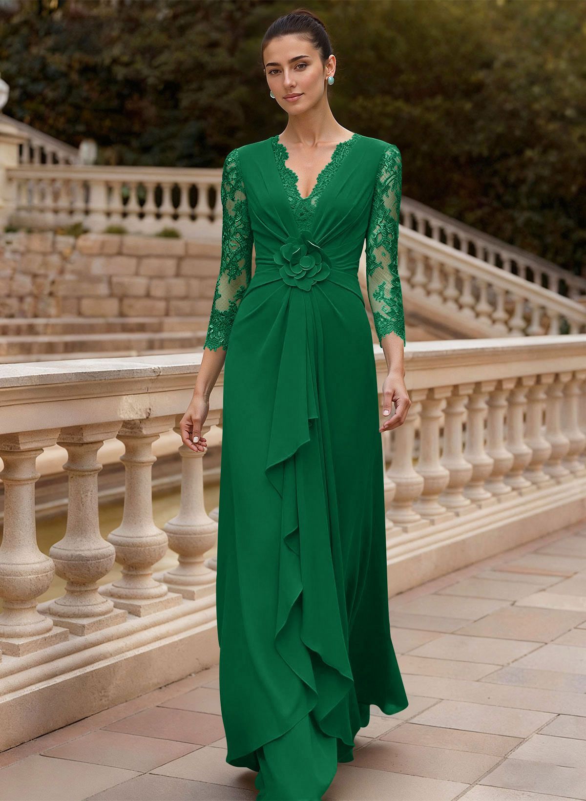 Sheath/Column V-Neck 3/4 Sleeves Floor-Length Lace/Elastic Satin Mother Of The Bride Dresses