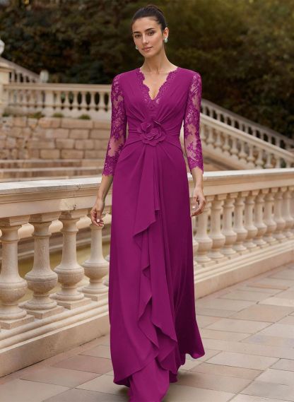 Sheath/Column V-Neck 3/4 Sleeves Floor-Length Lace/Elastic Satin Mother Of The Bride Dresses