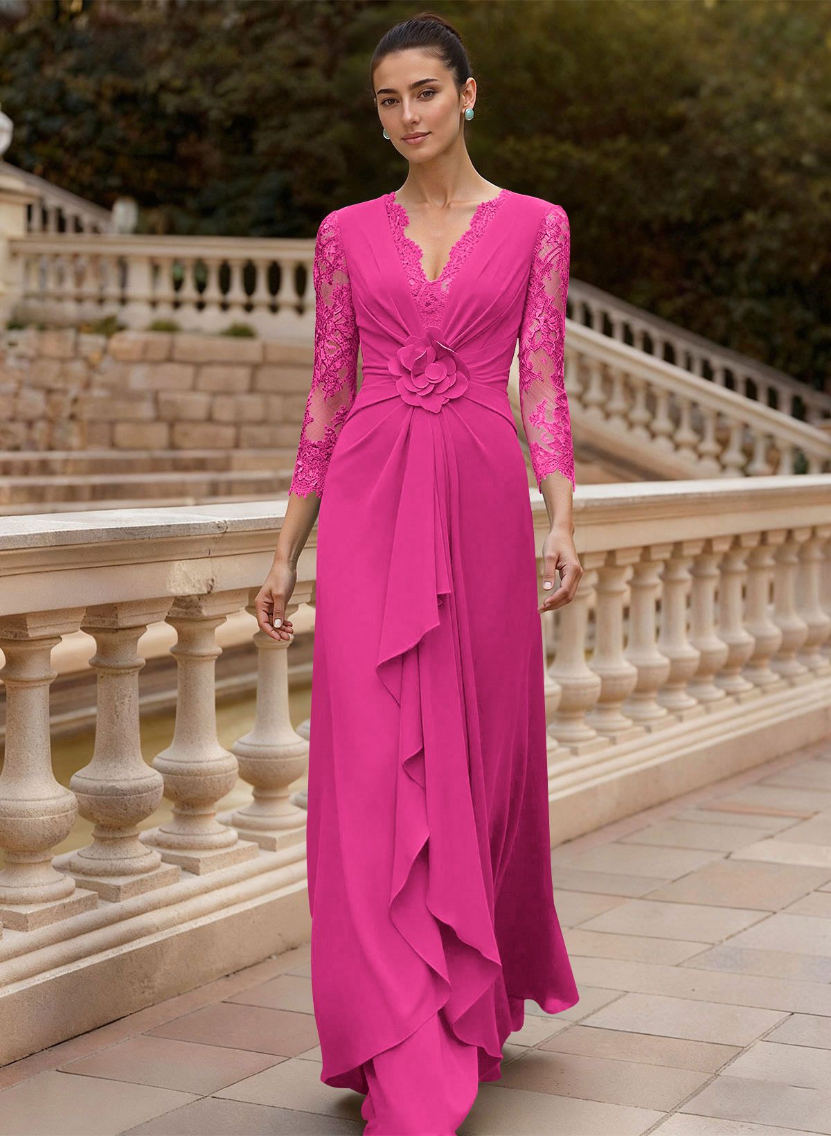 Sheath/Column V-Neck 3/4 Sleeves Floor-Length Lace/Elastic Satin Mother Of The Bride Dresses
