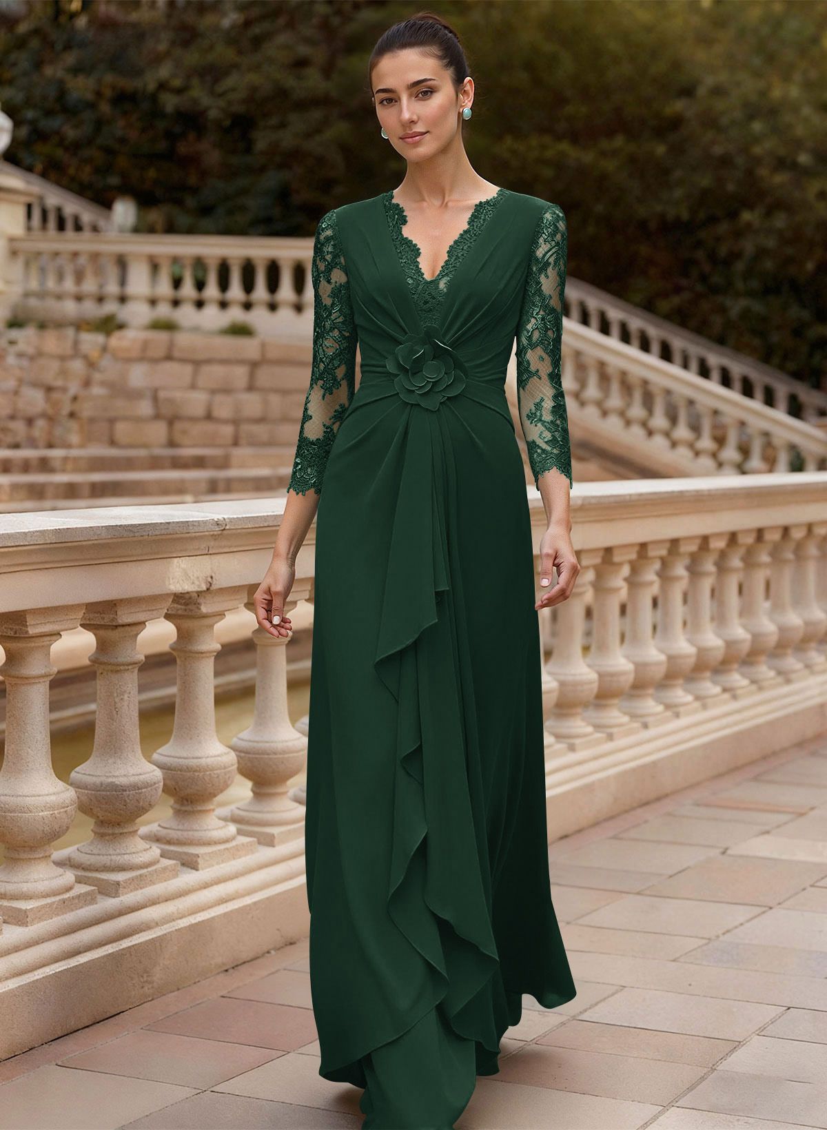 Sheath/Column V-Neck 3/4 Sleeves Floor-Length Lace/Elastic Satin Mother Of The Bride Dresses