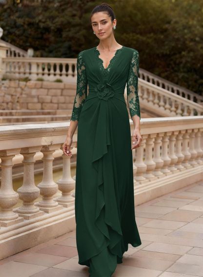 Sheath/Column V-Neck 3/4 Sleeves Floor-Length Lace/Elastic Satin Mother Of The Bride Dresses