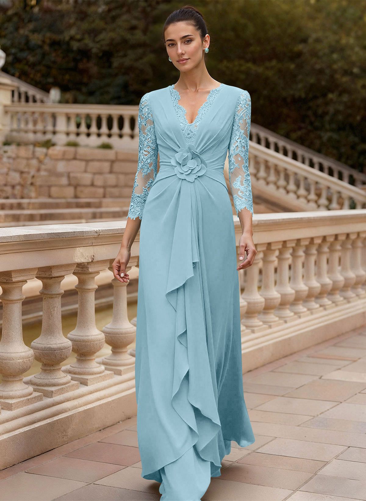 Sheath/Column V-Neck 3/4 Sleeves Floor-Length Lace/Elastic Satin Mother Of The Bride Dresses