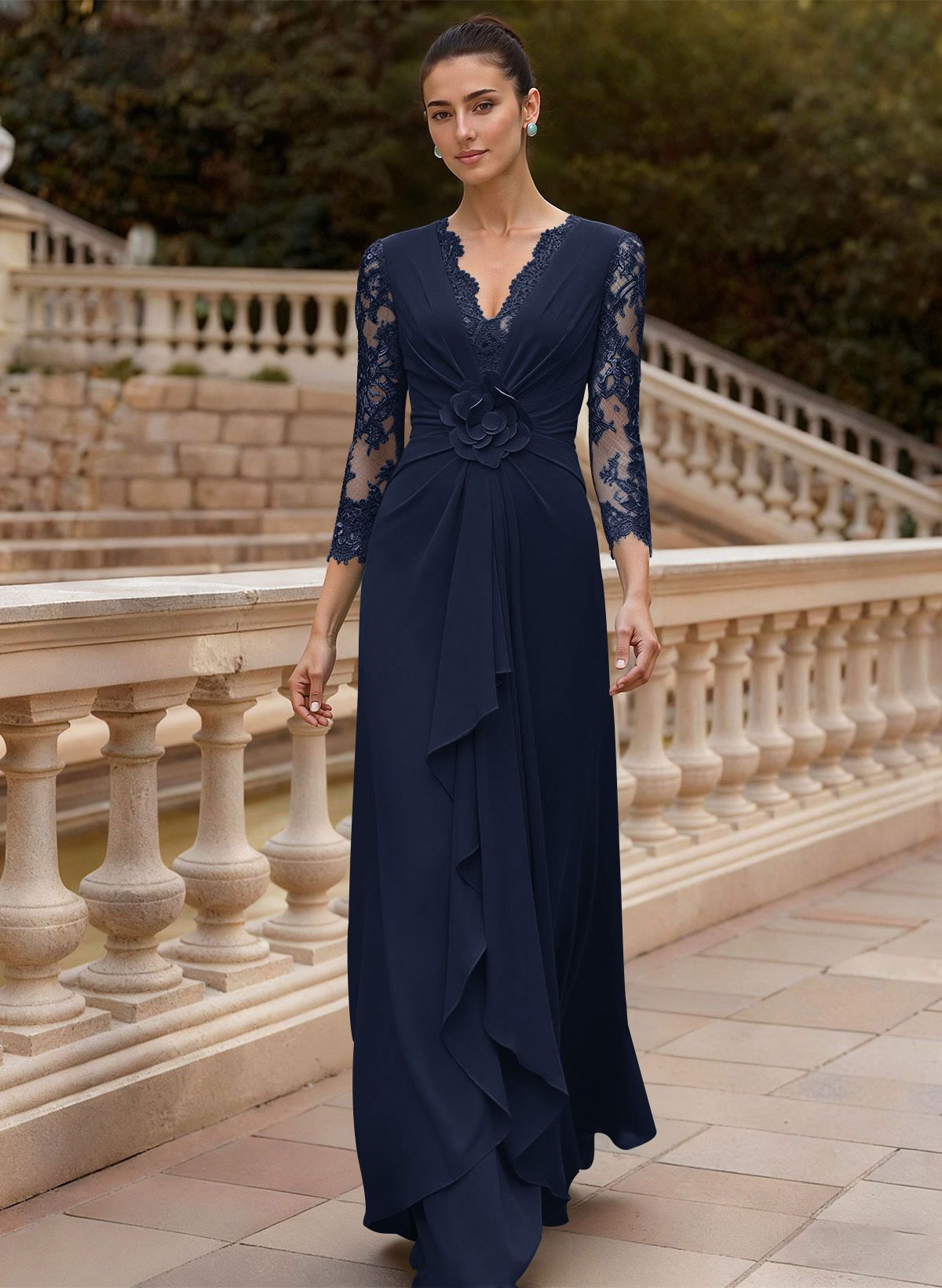 Sheath/Column V-Neck 3/4 Sleeves Floor-Length Lace/Elastic Satin Mother Of The Bride Dresses