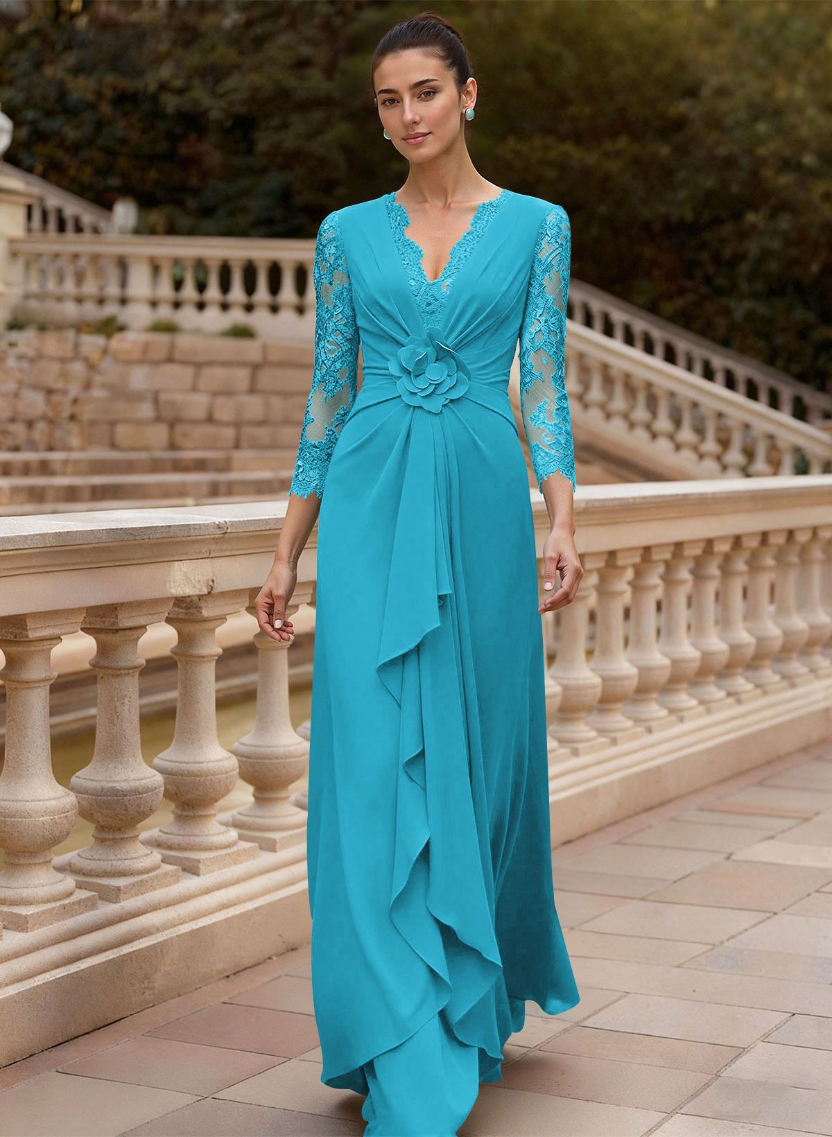 Sheath/Column V-Neck 3/4 Sleeves Floor-Length Lace/Elastic Satin Mother Of The Bride Dresses