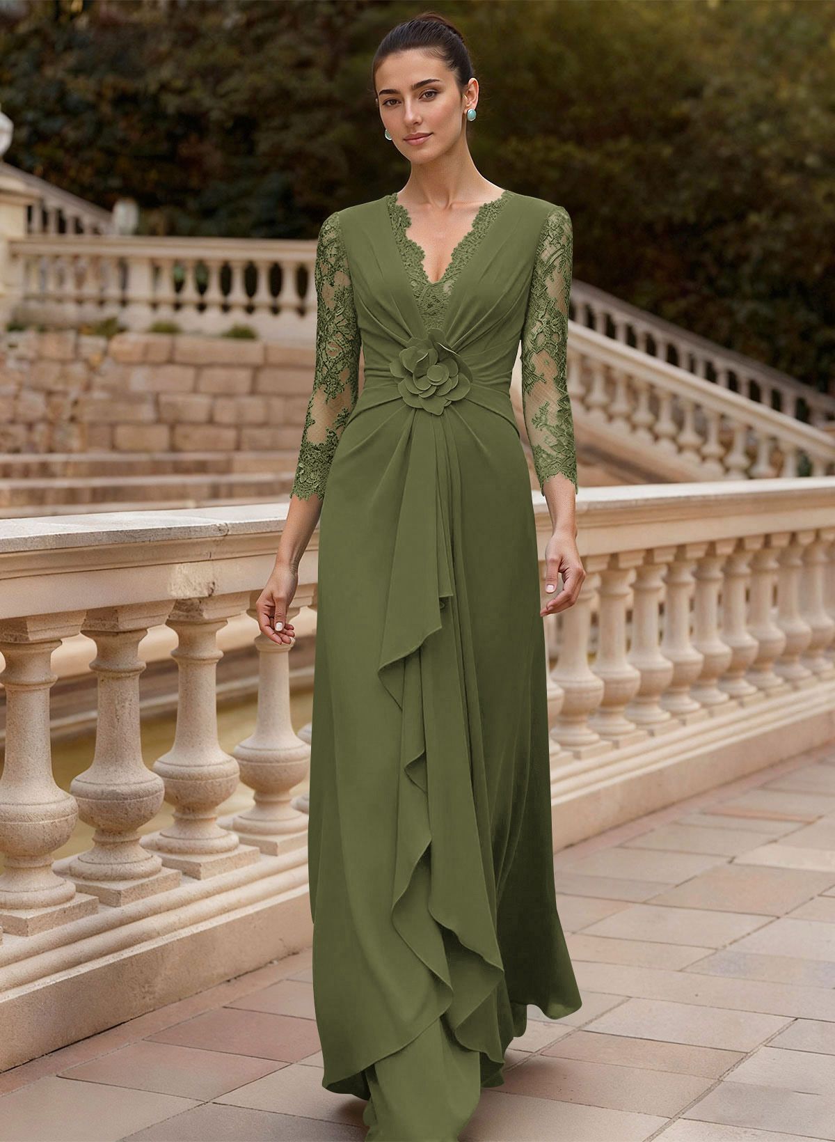 Sheath/Column V-Neck 3/4 Sleeves Floor-Length Lace/Elastic Satin Mother Of The Bride Dresses