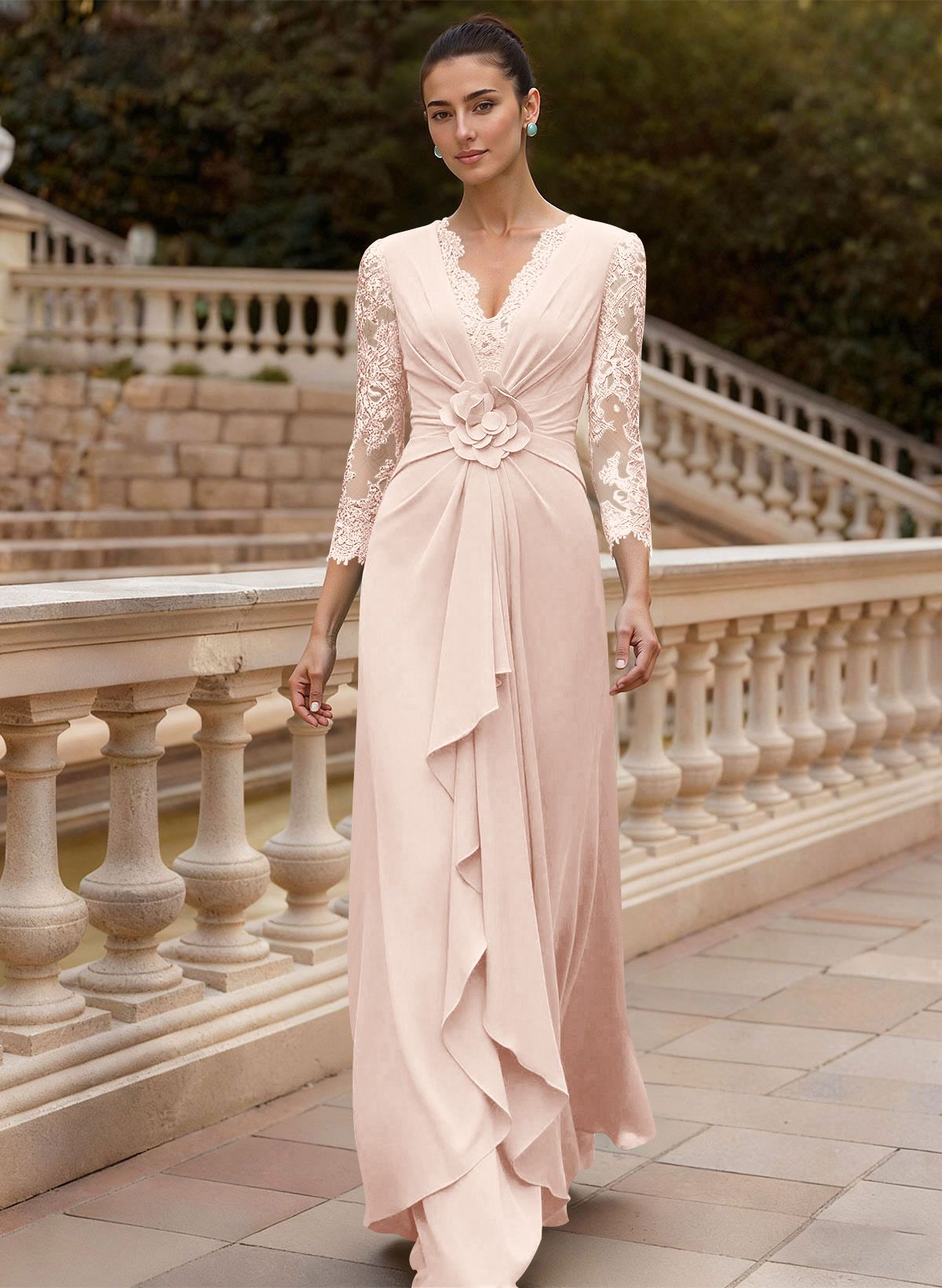 Sheath/Column V-Neck 3/4 Sleeves Floor-Length Lace/Elastic Satin Mother Of The Bride Dresses