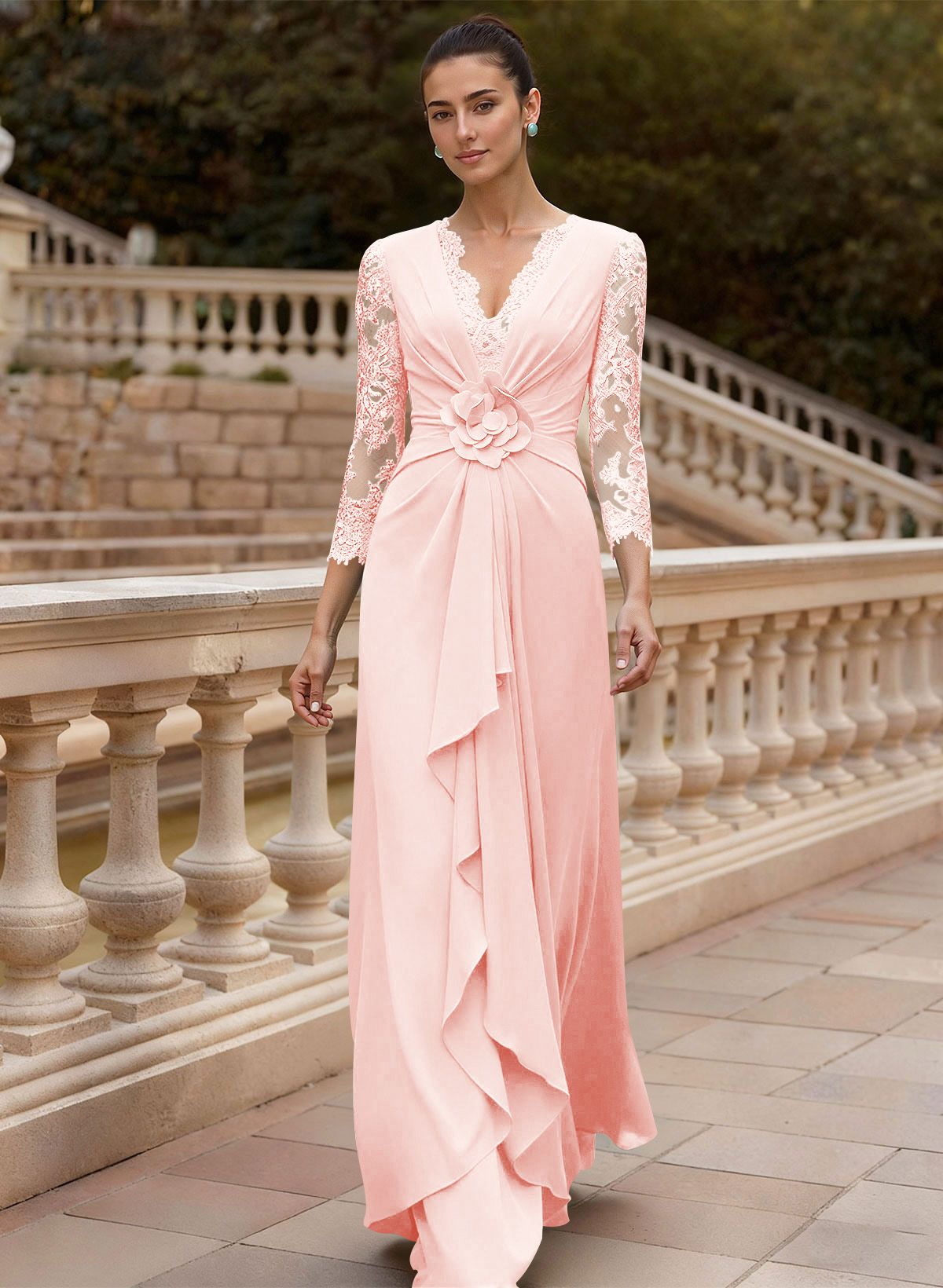 Sheath/Column V-Neck 3/4 Sleeves Floor-Length Lace/Elastic Satin Mother Of The Bride Dresses