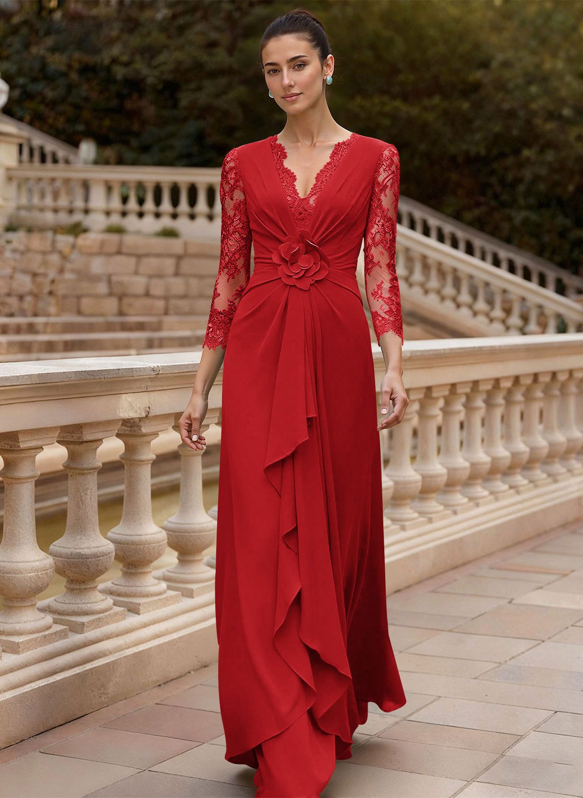 Sheath/Column V-Neck 3/4 Sleeves Floor-Length Lace/Elastic Satin Mother Of The Bride Dresses