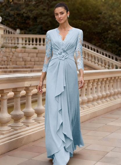 Sheath/Column V-Neck 3/4 Sleeves Floor-Length Lace/Elastic Satin Mother Of The Bride Dresses