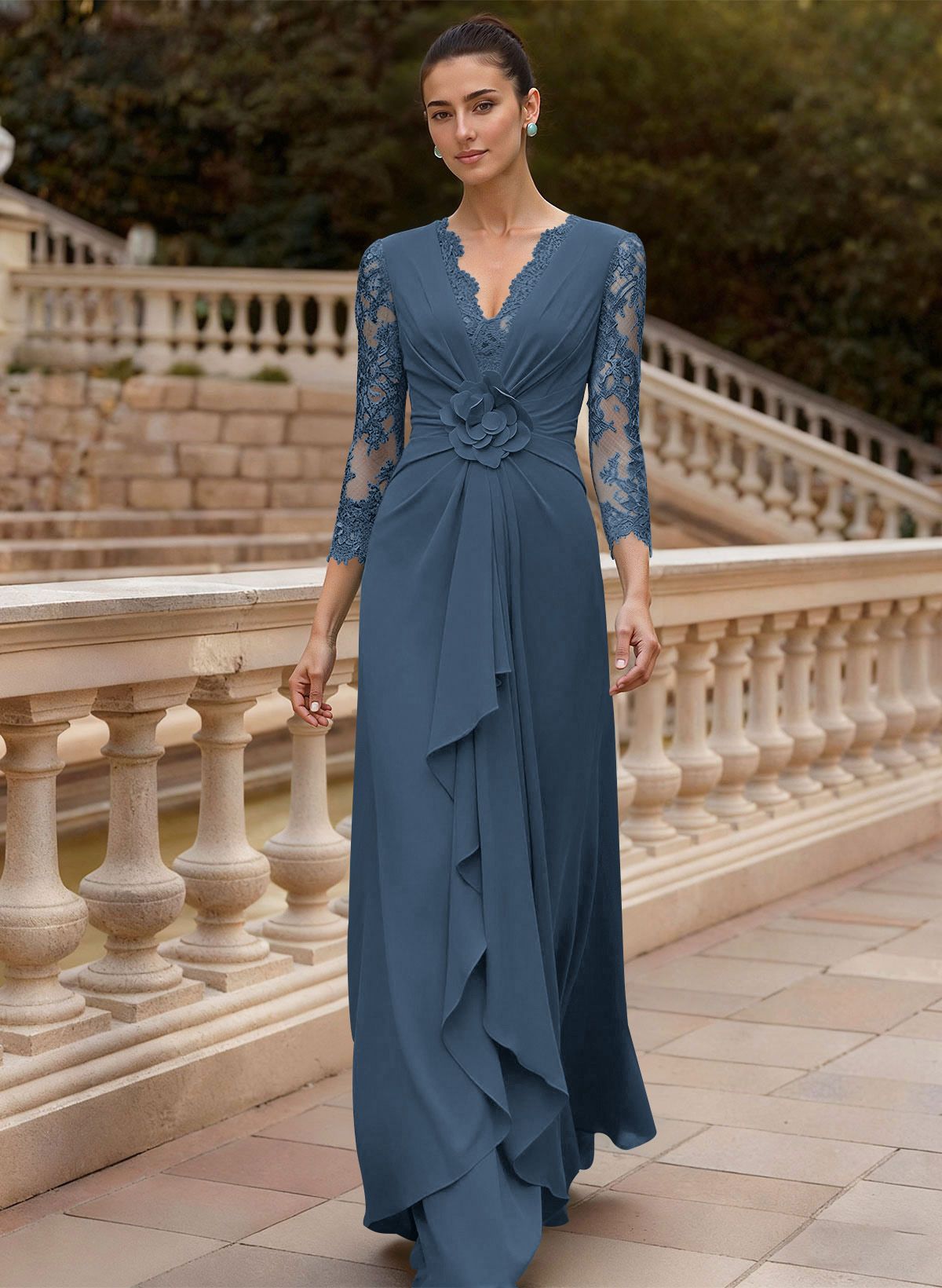Sheath/Column V-Neck 3/4 Sleeves Floor-Length Lace/Elastic Satin Mother Of The Bride Dresses