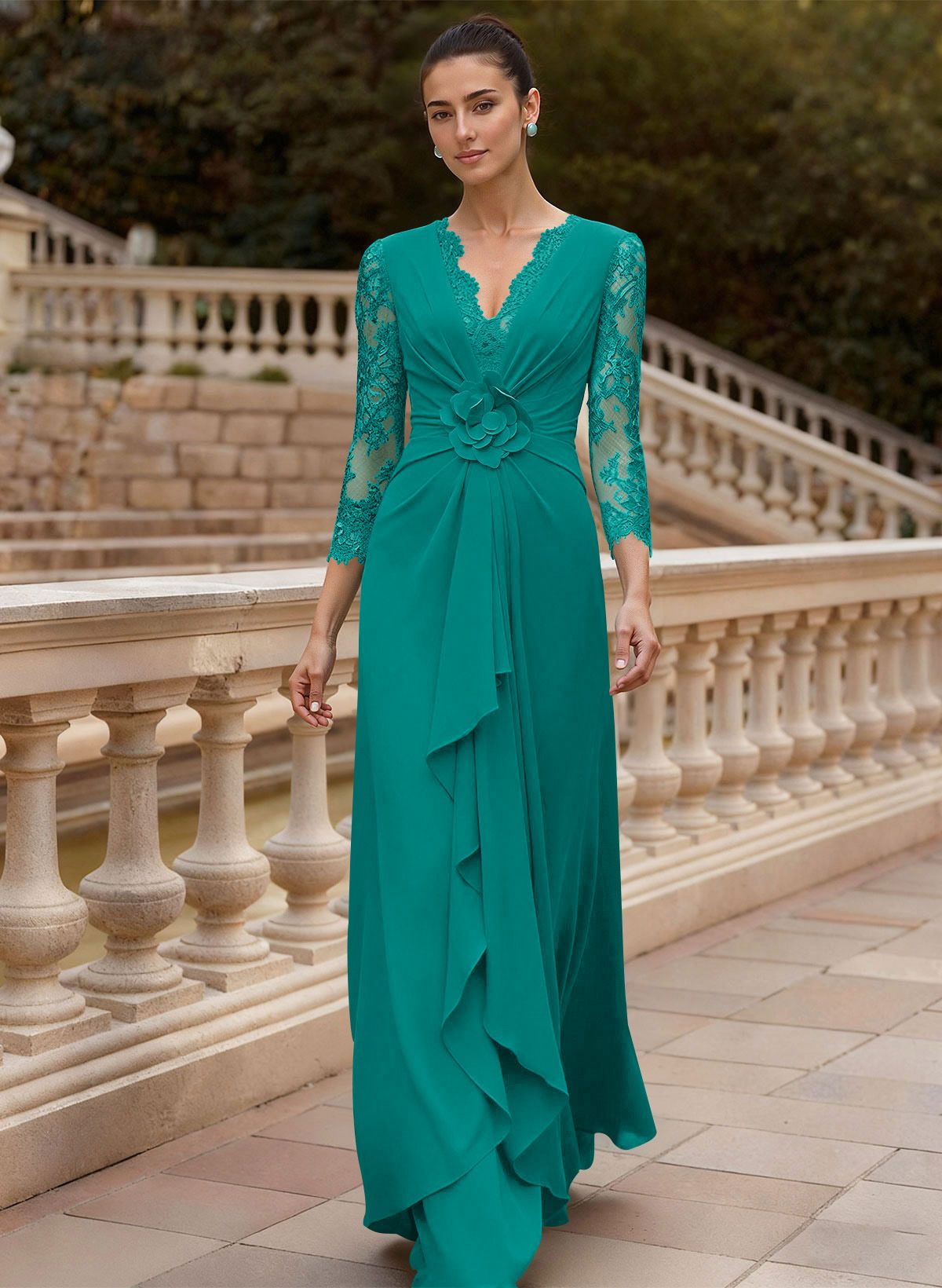 Sheath/Column V-Neck 3/4 Sleeves Floor-Length Lace/Elastic Satin Mother Of The Bride Dresses