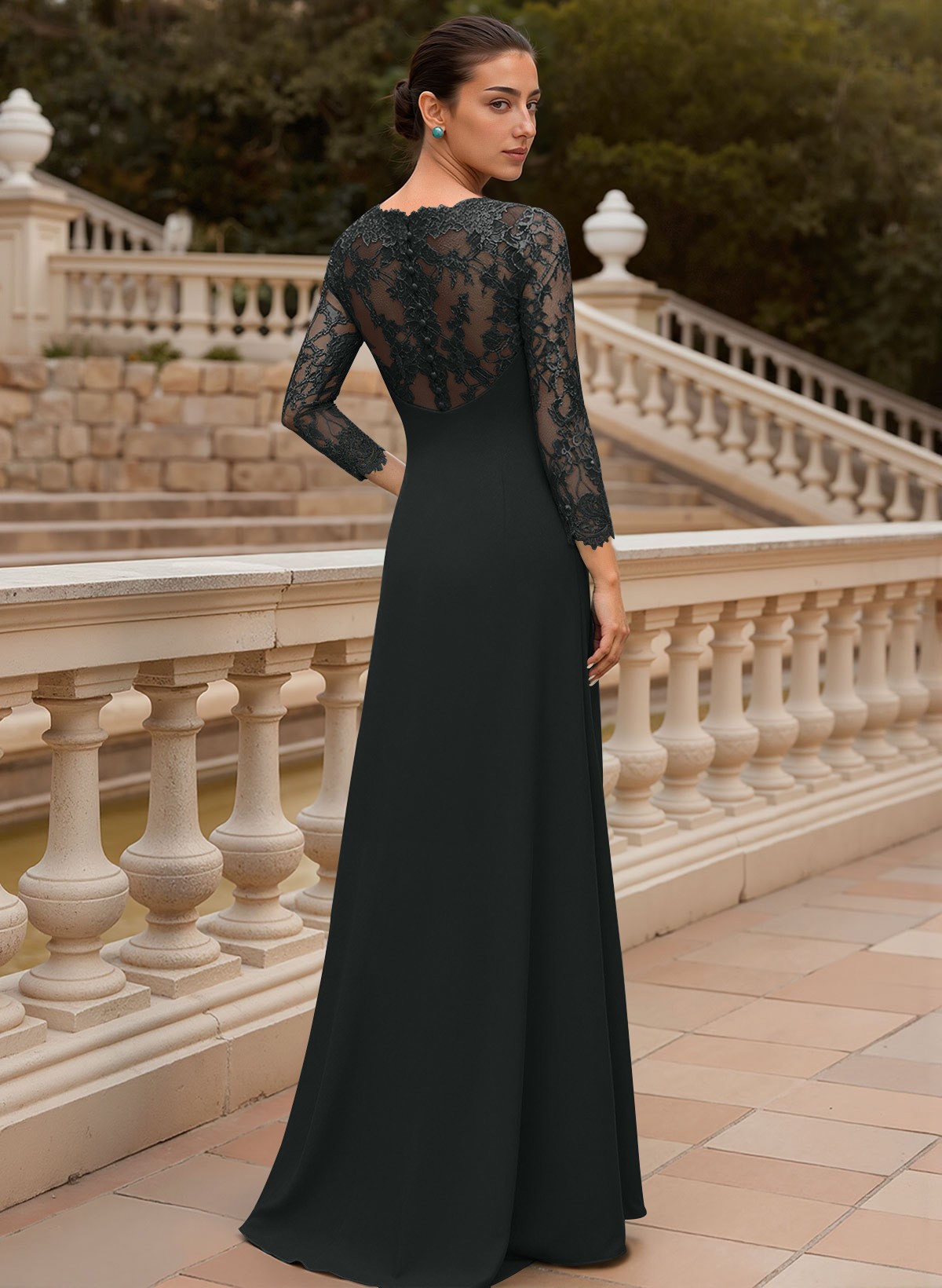 Sheath/Column V-Neck 3/4 Sleeves Floor-Length Lace/Elastic Satin Mother Of The Bride Dresses