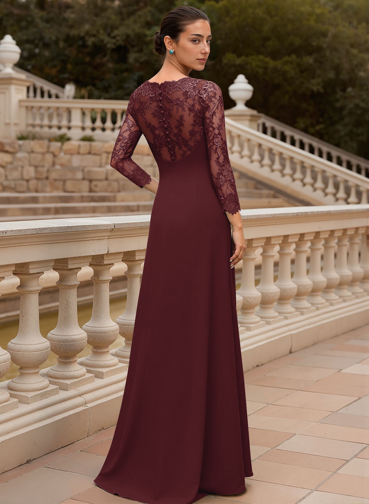 Sheath/Column V-Neck 3/4 Sleeves Floor-Length Lace/Elastic Satin Mother Of The Bride Dresses