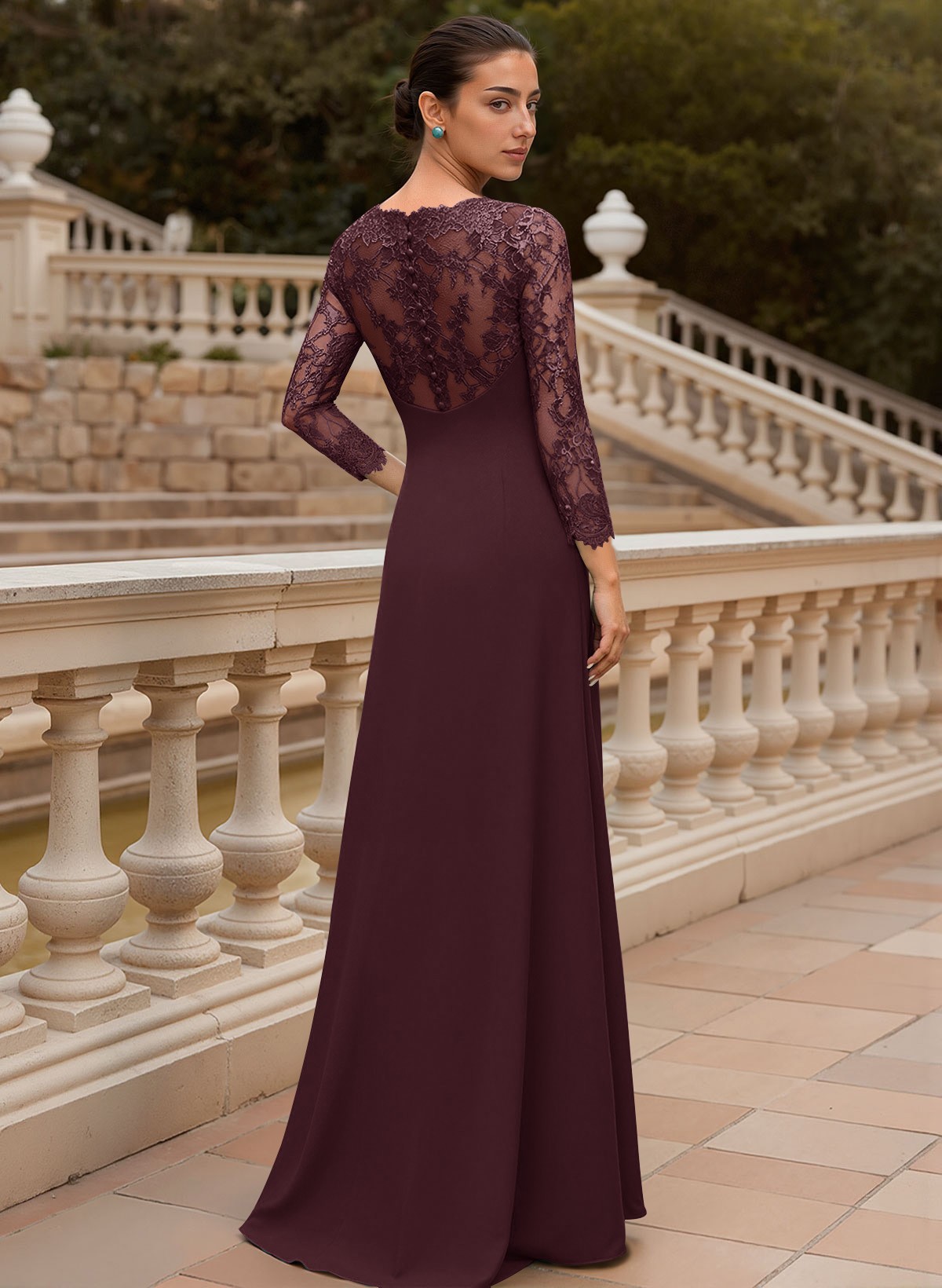 Sheath/Column V-Neck 3/4 Sleeves Floor-Length Lace/Elastic Satin Mother Of The Bride Dresses
