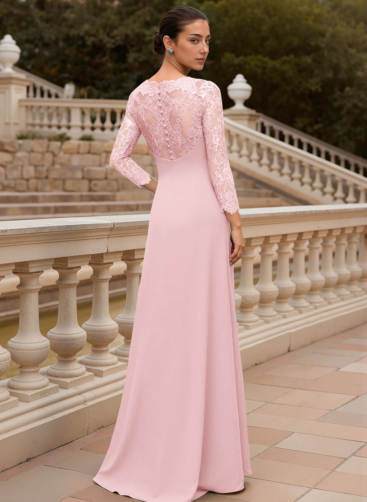 Sheath/Column V-Neck 3/4 Sleeves Floor-Length Lace/Elastic Satin Mother Of The Bride Dresses