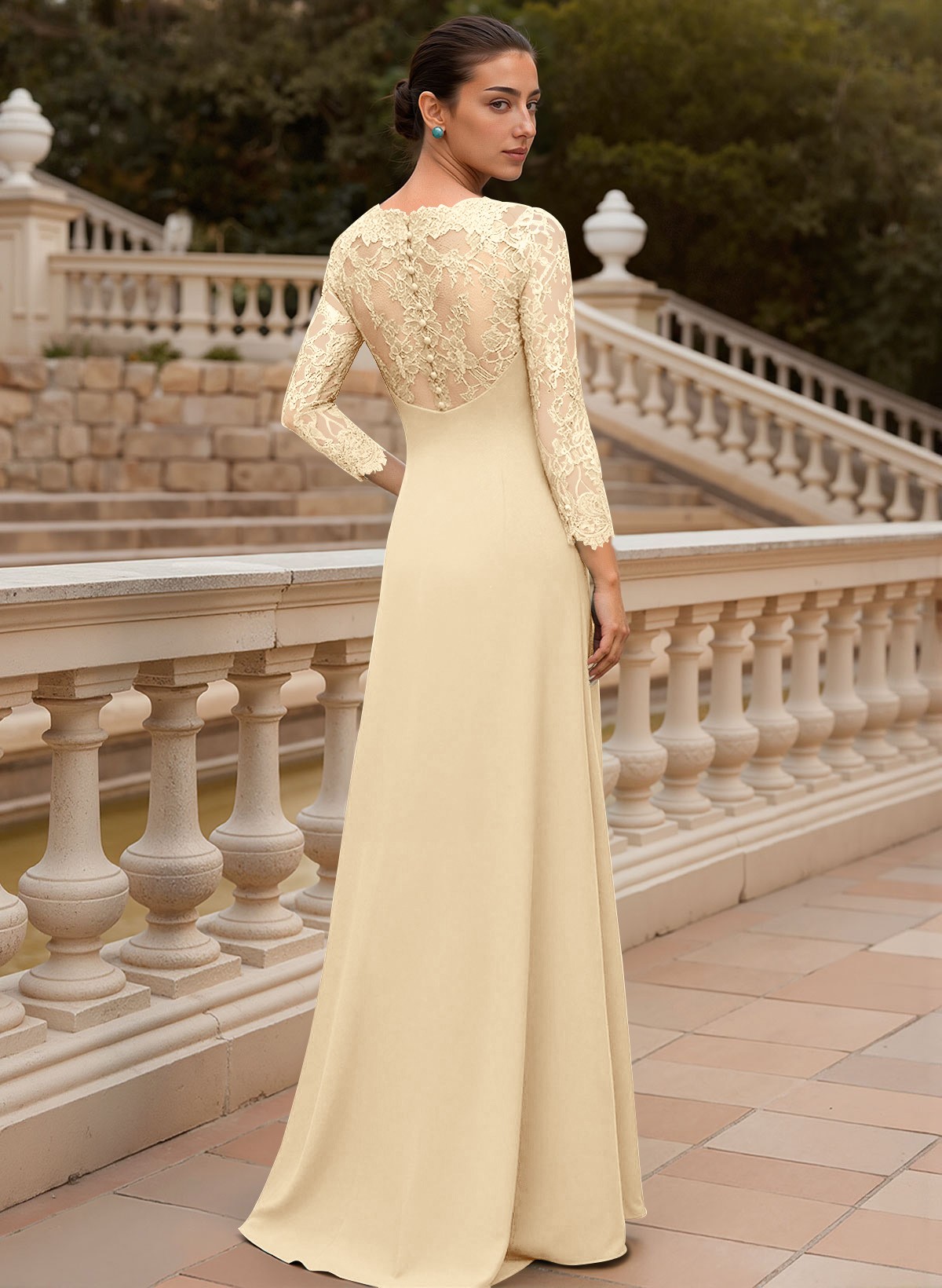 Sheath/Column V-Neck 3/4 Sleeves Floor-Length Lace/Elastic Satin Mother Of The Bride Dresses