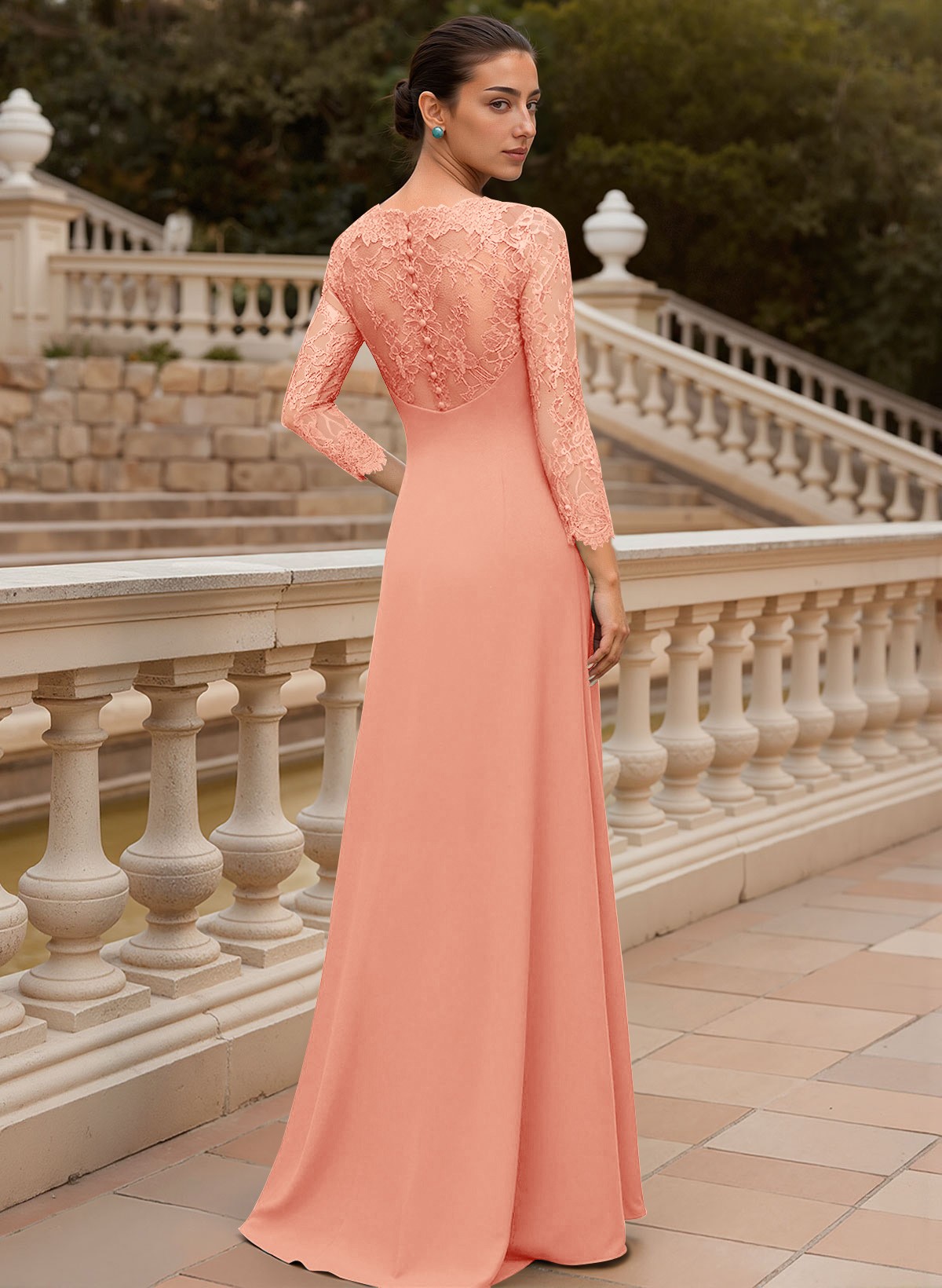 Sheath/Column V-Neck 3/4 Sleeves Floor-Length Lace/Elastic Satin Mother Of The Bride Dresses