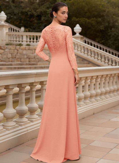 Sheath/Column V-Neck 3/4 Sleeves Floor-Length Lace/Elastic Satin Mother Of The Bride Dresses