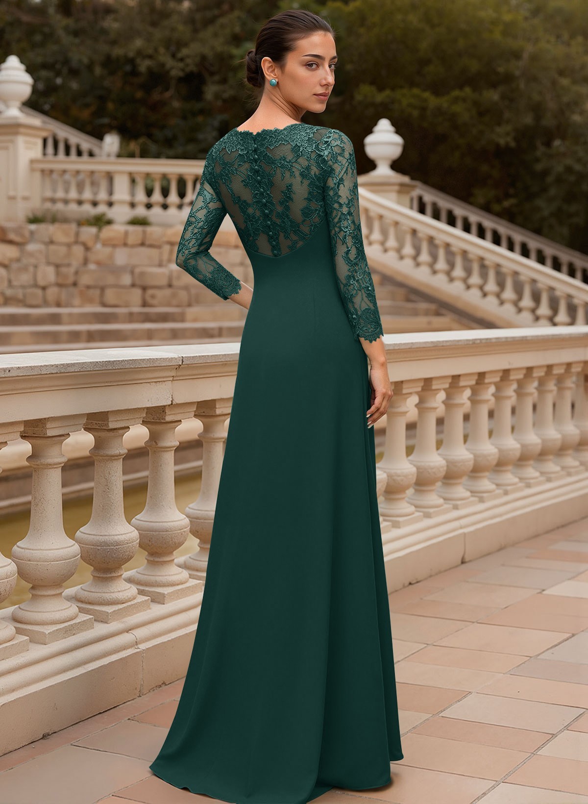 Sheath/Column V-Neck 3/4 Sleeves Floor-Length Lace/Elastic Satin Mother Of The Bride Dresses