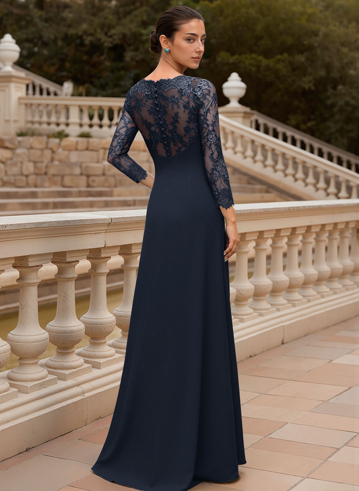 Sheath/Column V-Neck 3/4 Sleeves Floor-Length Lace/Elastic Satin Mother Of The Bride Dresses