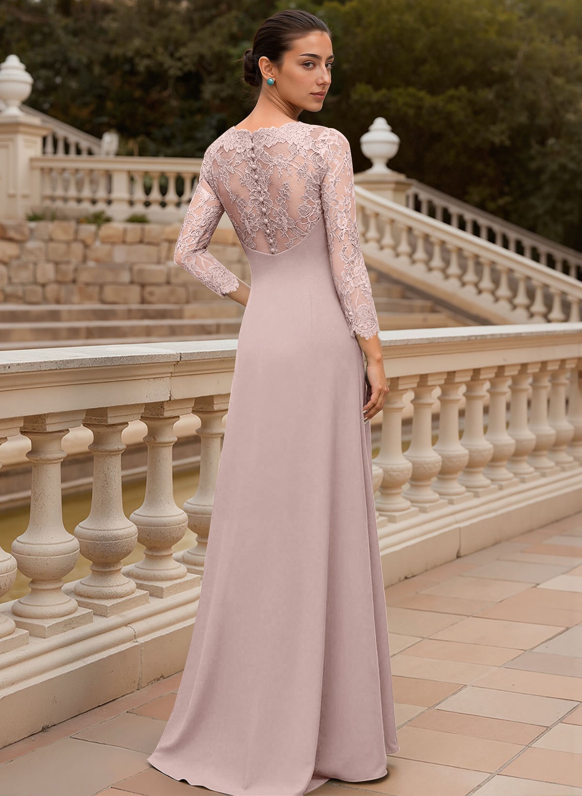 Sheath/Column V-Neck 3/4 Sleeves Floor-Length Lace/Elastic Satin Mother Of The Bride Dresses