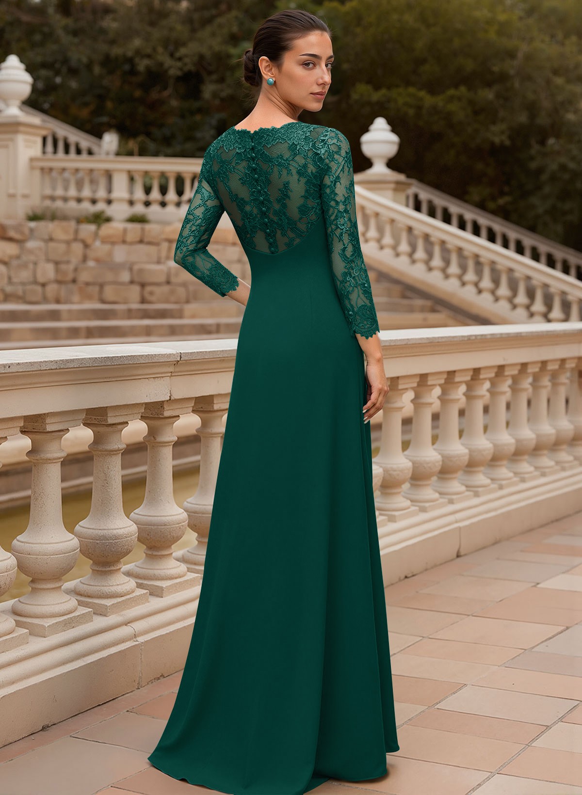 Sheath/Column V-Neck 3/4 Sleeves Floor-Length Lace/Elastic Satin Mother Of The Bride Dresses