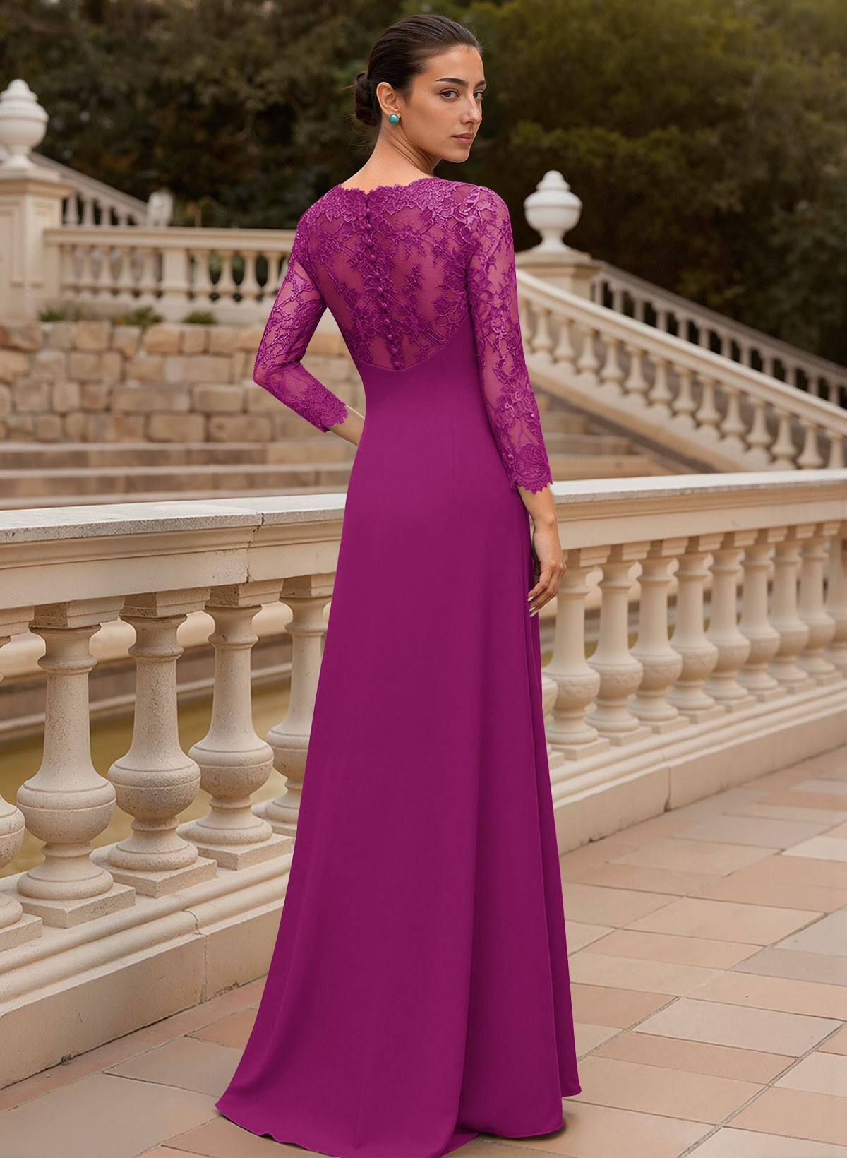 Sheath/Column V-Neck 3/4 Sleeves Floor-Length Lace/Elastic Satin Mother Of The Bride Dresses
