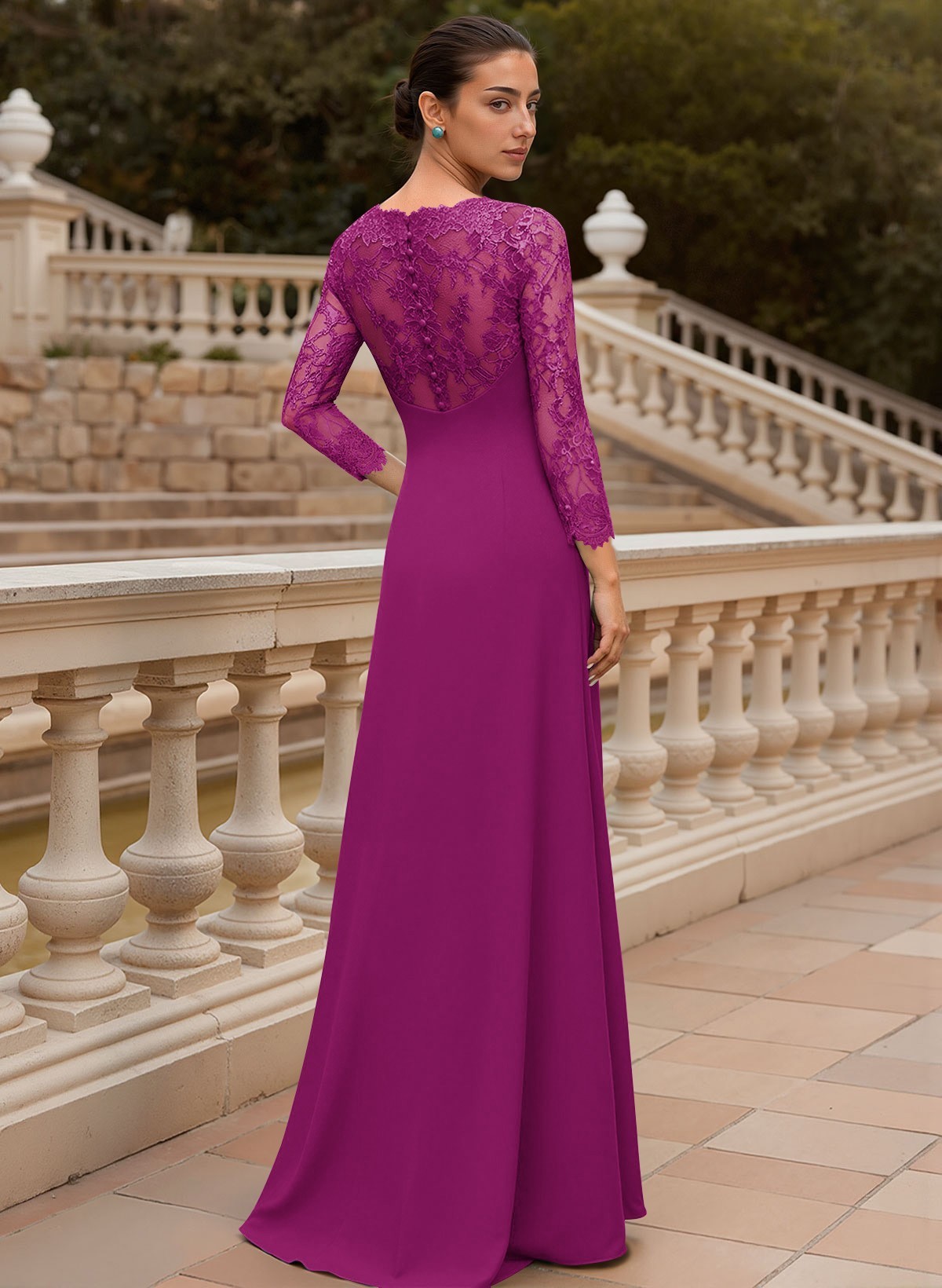 Sheath/Column V-Neck 3/4 Sleeves Floor-Length Lace/Elastic Satin Mother Of The Bride Dresses