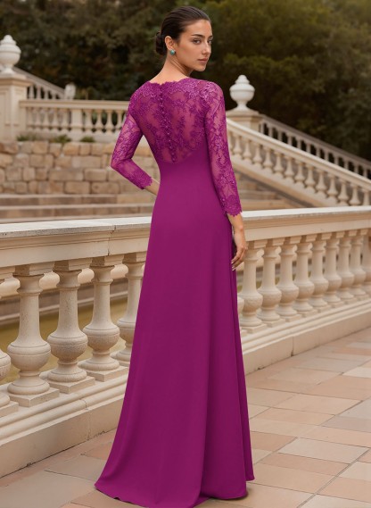 Sheath/Column V-Neck 3/4 Sleeves Floor-Length Lace/Elastic Satin Mother Of The Bride Dresses