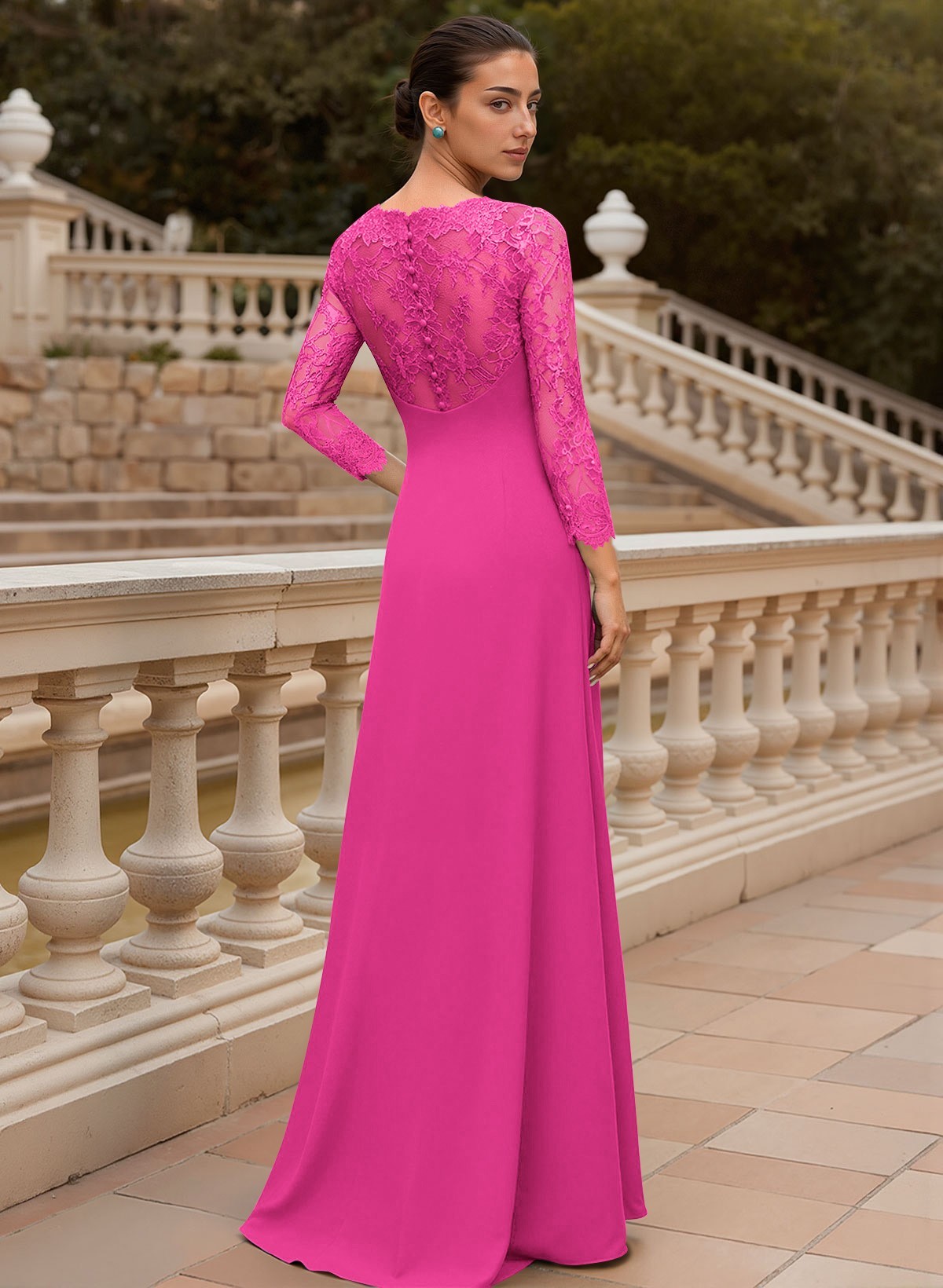 Sheath/Column V-Neck 3/4 Sleeves Floor-Length Lace/Elastic Satin Mother Of The Bride Dresses