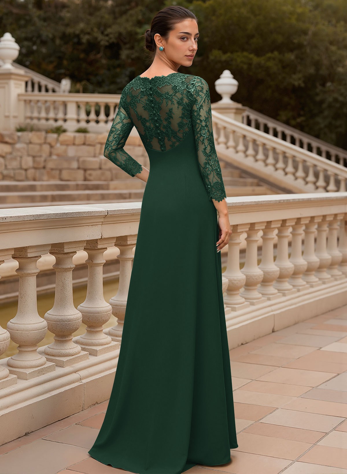Sheath/Column V-Neck 3/4 Sleeves Floor-Length Lace/Elastic Satin Mother Of The Bride Dresses