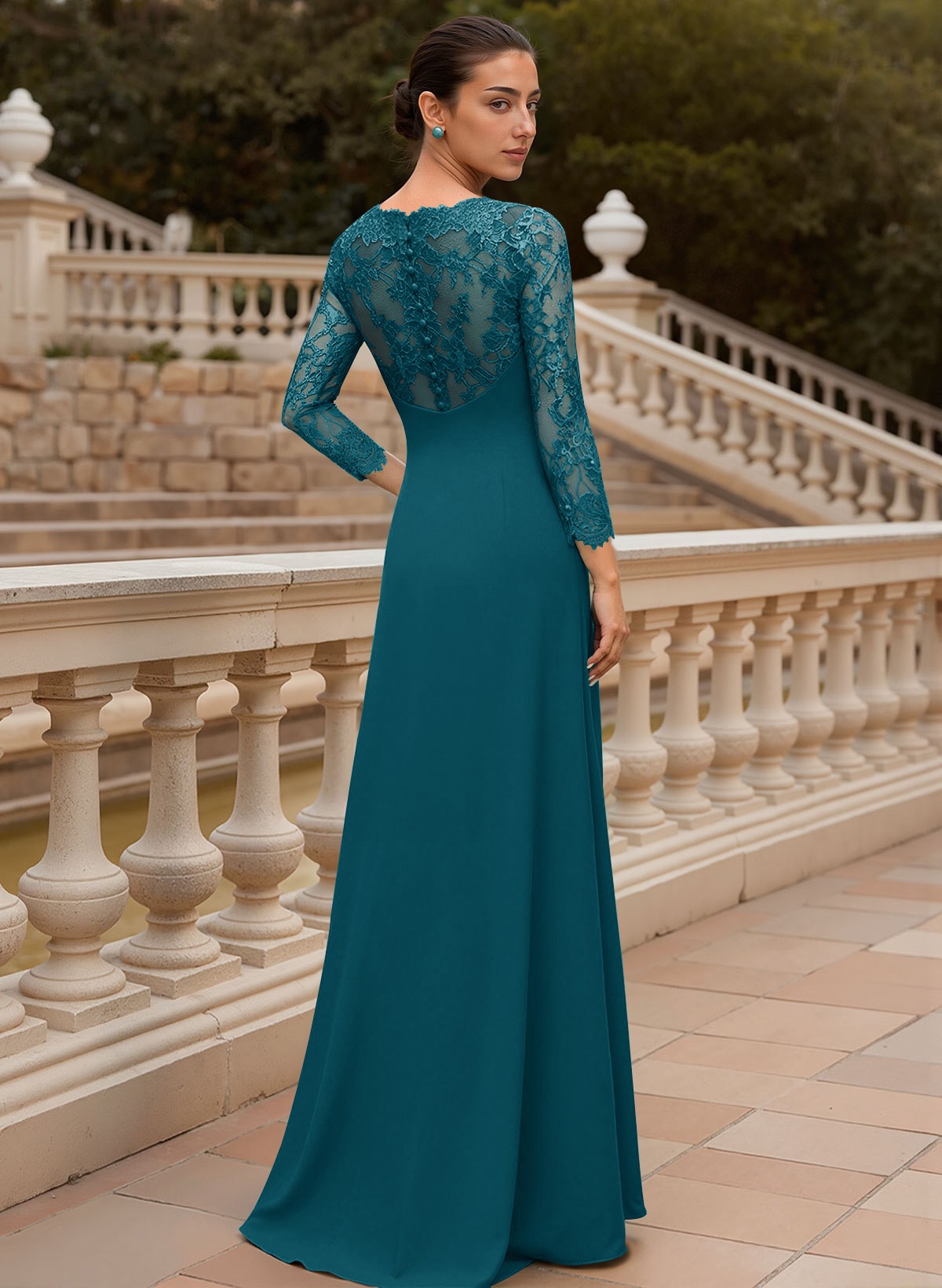 Sheath/Column V-Neck 3/4 Sleeves Floor-Length Lace/Elastic Satin Mother Of The Bride Dresses