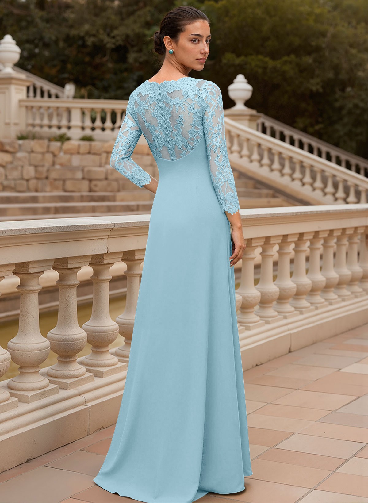 Sheath/Column V-Neck 3/4 Sleeves Floor-Length Lace/Elastic Satin Mother Of The Bride Dresses