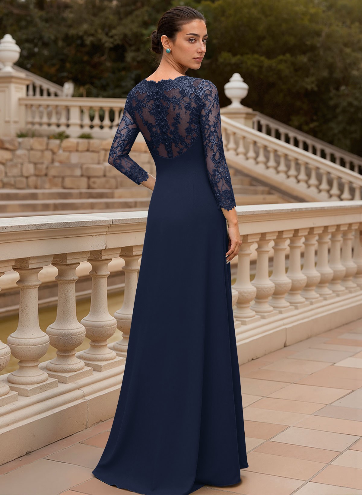 Sheath/Column V-Neck 3/4 Sleeves Floor-Length Lace/Elastic Satin Mother Of The Bride Dresses