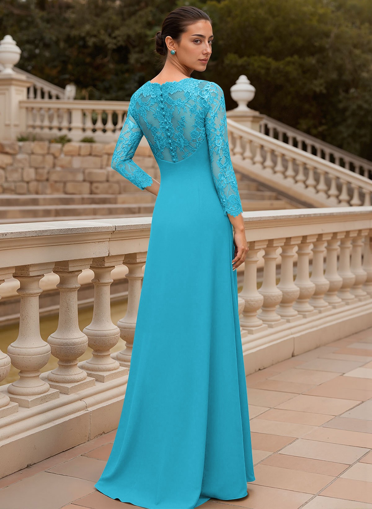 Sheath/Column V-Neck 3/4 Sleeves Floor-Length Lace/Elastic Satin Mother Of The Bride Dresses