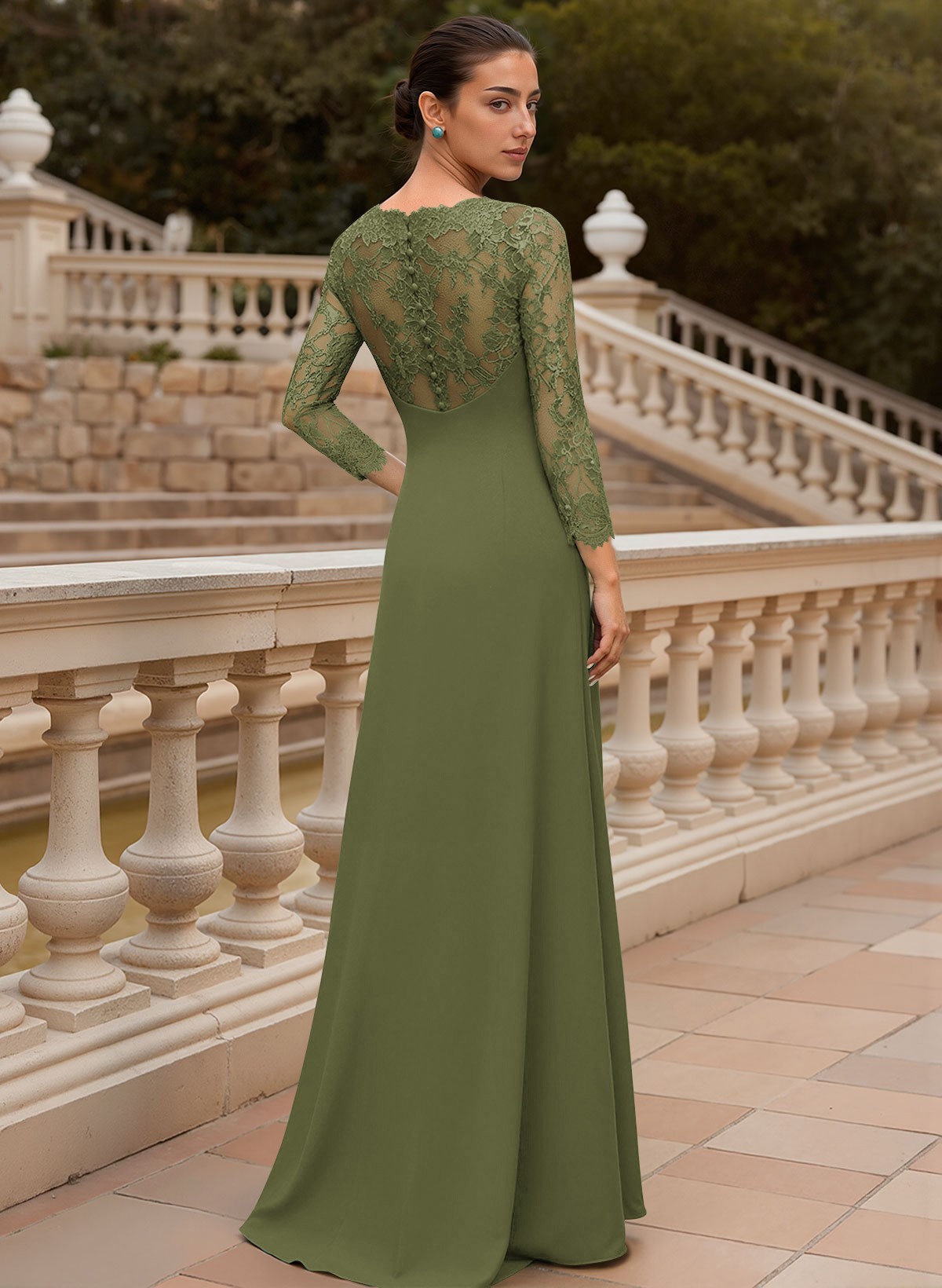 Sheath/Column V-Neck 3/4 Sleeves Floor-Length Lace/Elastic Satin Mother Of The Bride Dresses