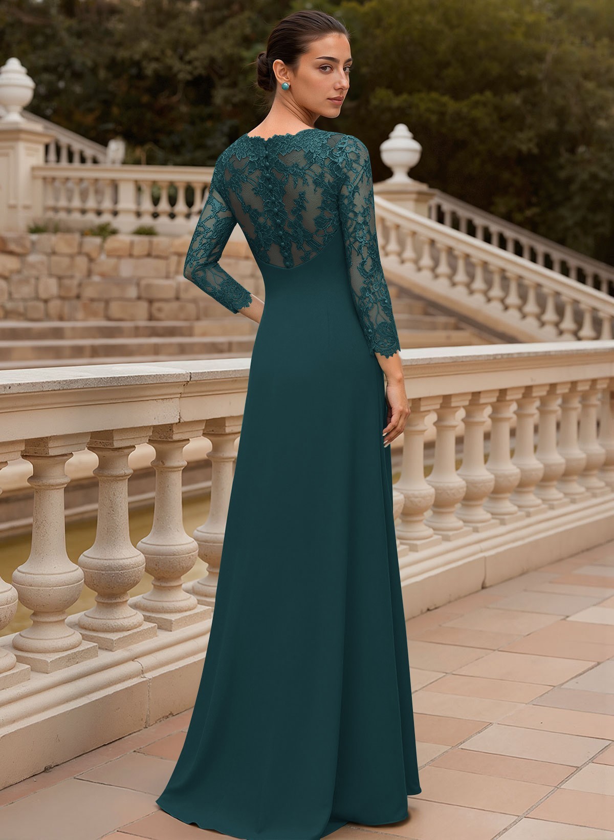 Sheath/Column V-Neck 3/4 Sleeves Floor-Length Lace/Elastic Satin Mother Of The Bride Dresses