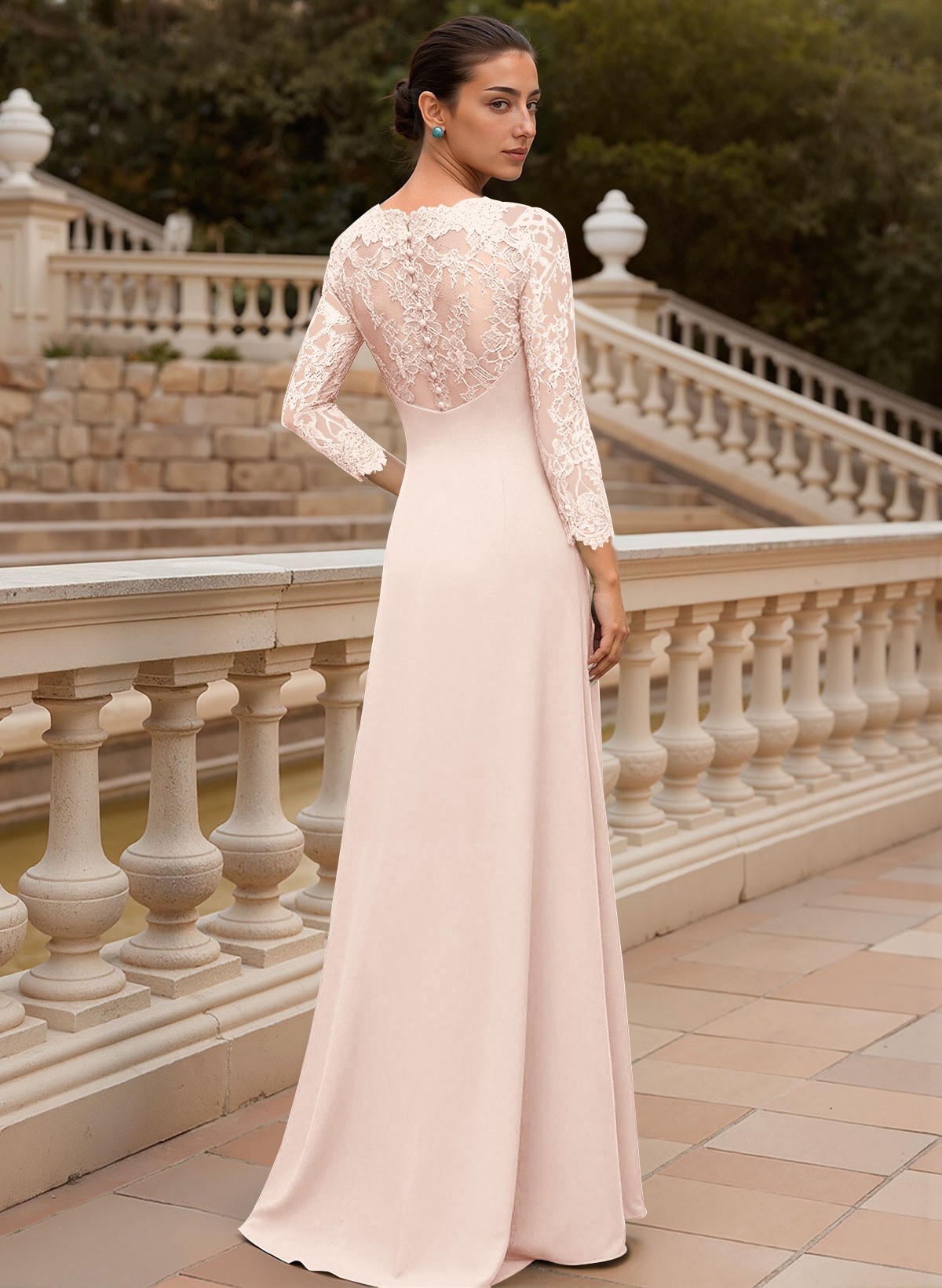 Sheath/Column V-Neck 3/4 Sleeves Floor-Length Lace/Elastic Satin Mother Of The Bride Dresses