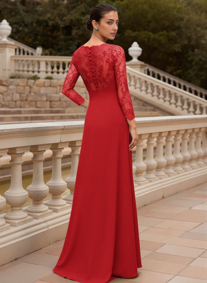 Sheath/Column V-Neck 3/4 Sleeves Floor-Length Lace/Elastic Satin Mother Of The Bride Dresses