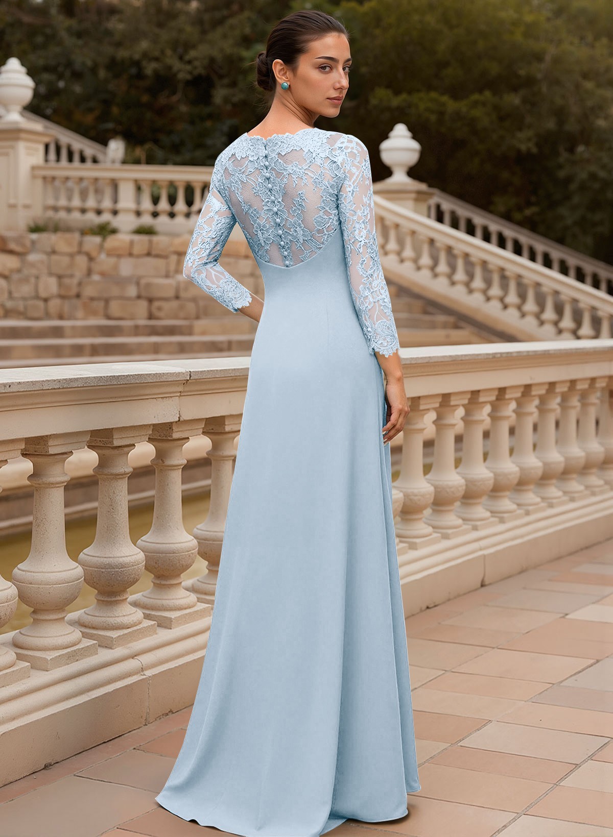 Sheath/Column V-Neck 3/4 Sleeves Floor-Length Lace/Elastic Satin Mother Of The Bride Dresses
