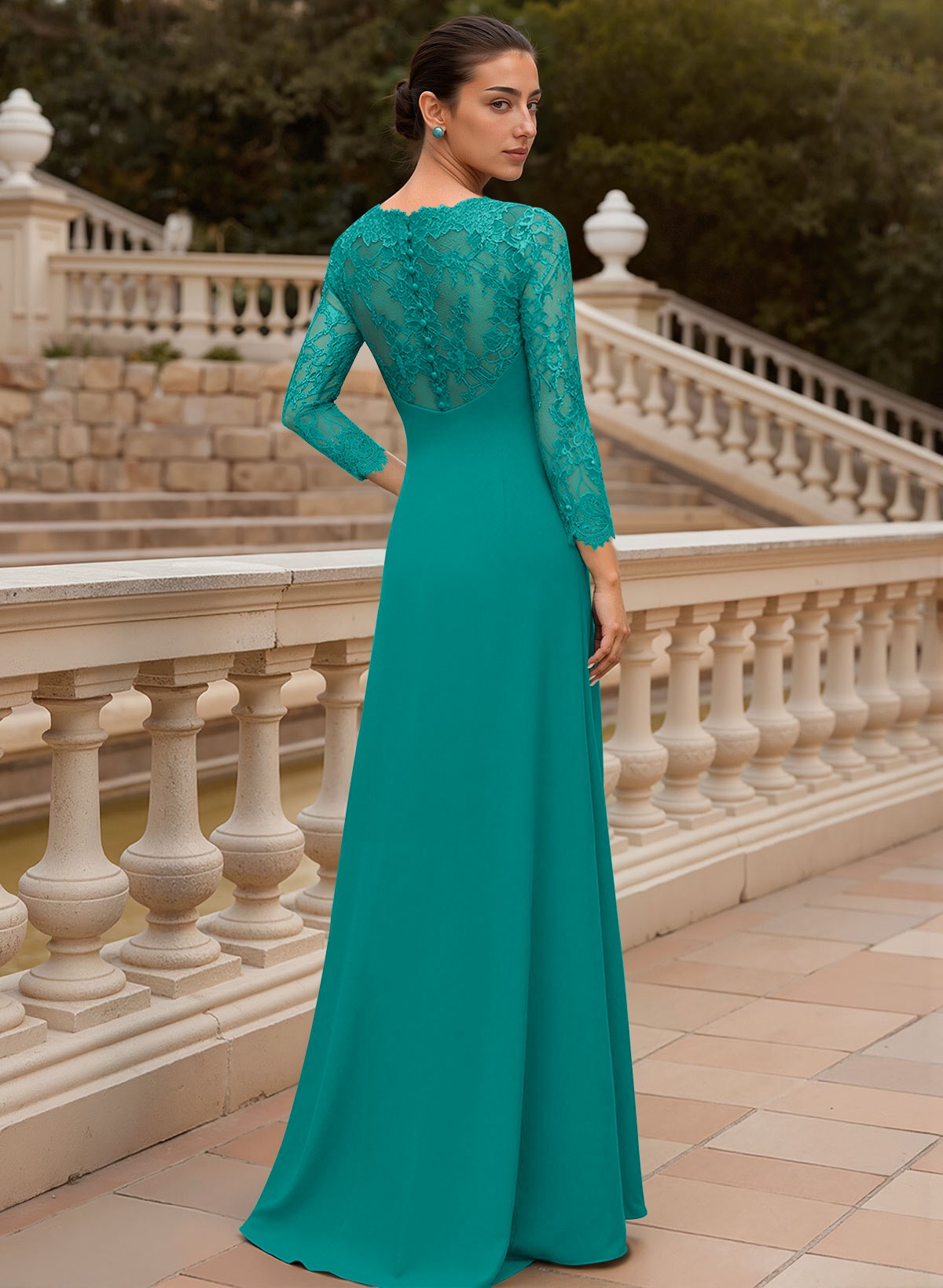 Sheath/Column V-Neck 3/4 Sleeves Floor-Length Lace/Elastic Satin Mother Of The Bride Dresses
