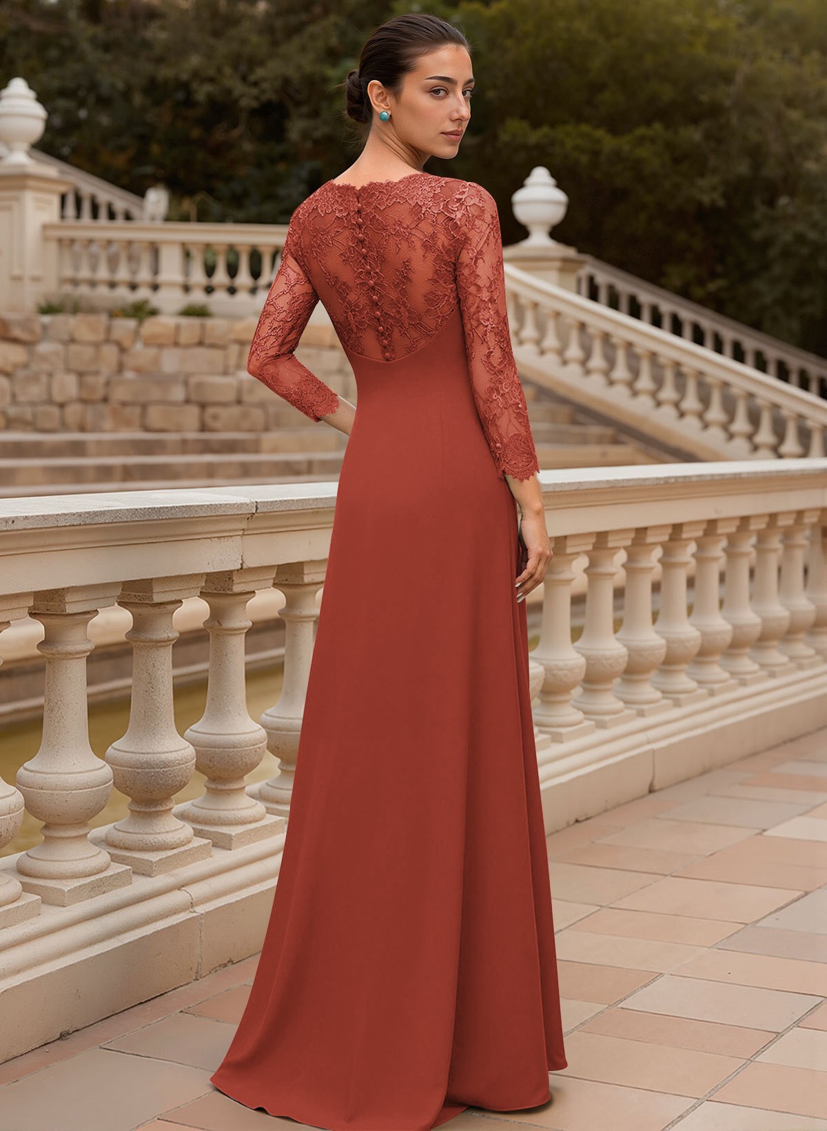 Sheath/Column V-Neck 3/4 Sleeves Floor-Length Lace/Elastic Satin Mother Of The Bride Dresses
