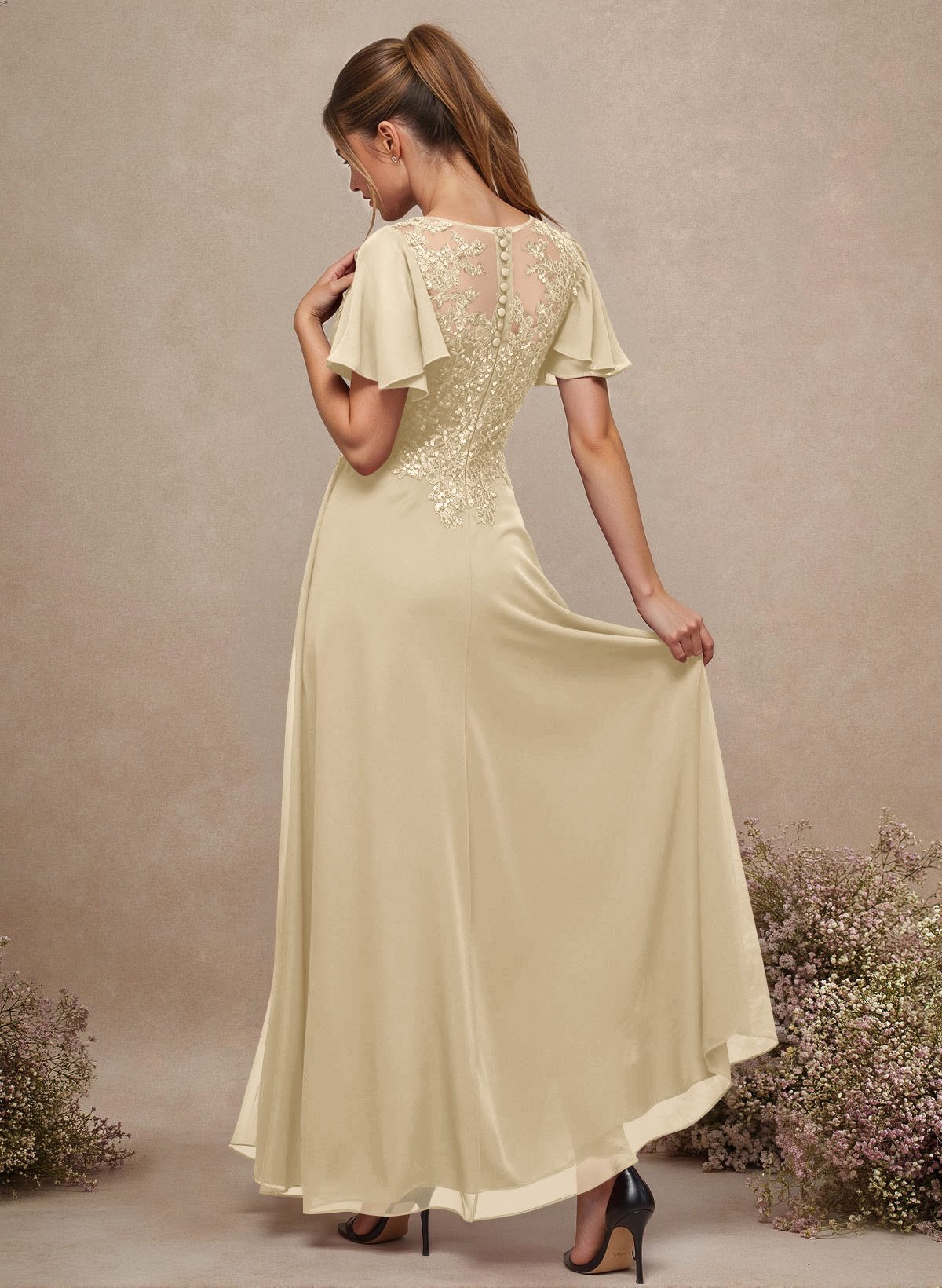 V-Neck Lace Sleeves A-Line Bridesmaid Dresses, image 8