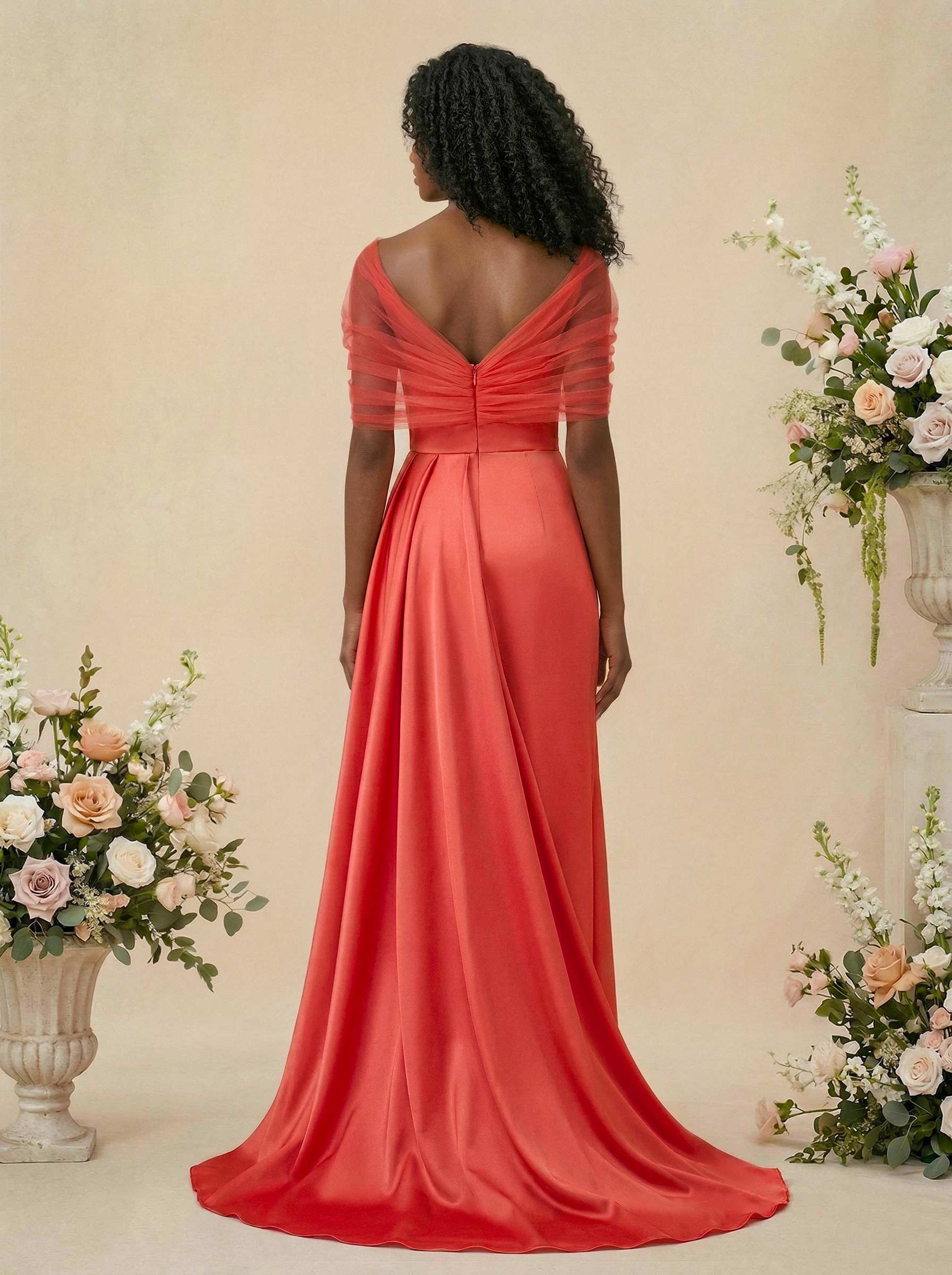 Trumpet/Mermaid Off-The-Shoulder Satin/Tulle Bridesmaid Dresses With Split Front, product image 3