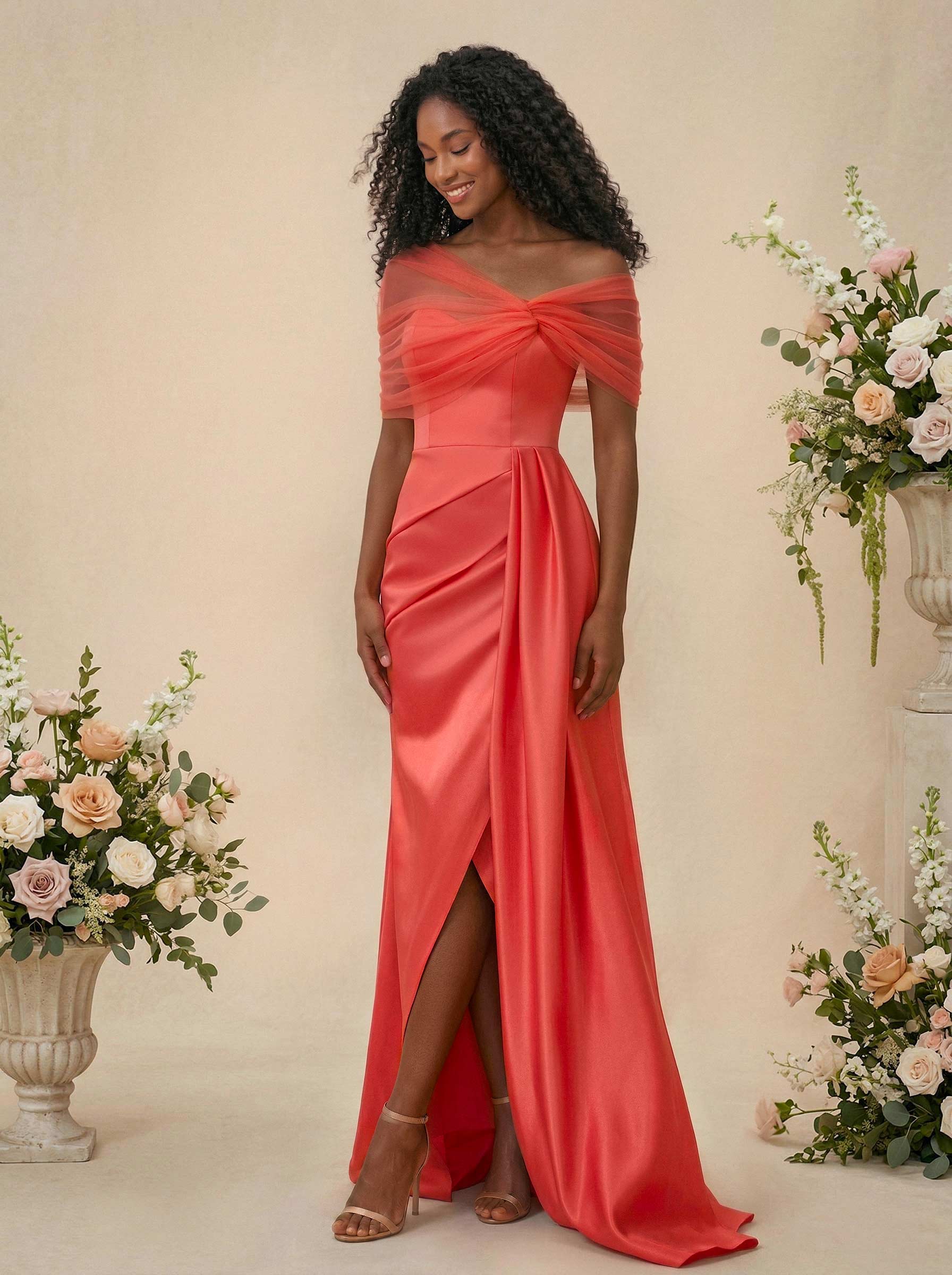 Trumpet/Mermaid Off-The-Shoulder Satin/Tulle Bridesmaid Dresses With Split Front, product image 1