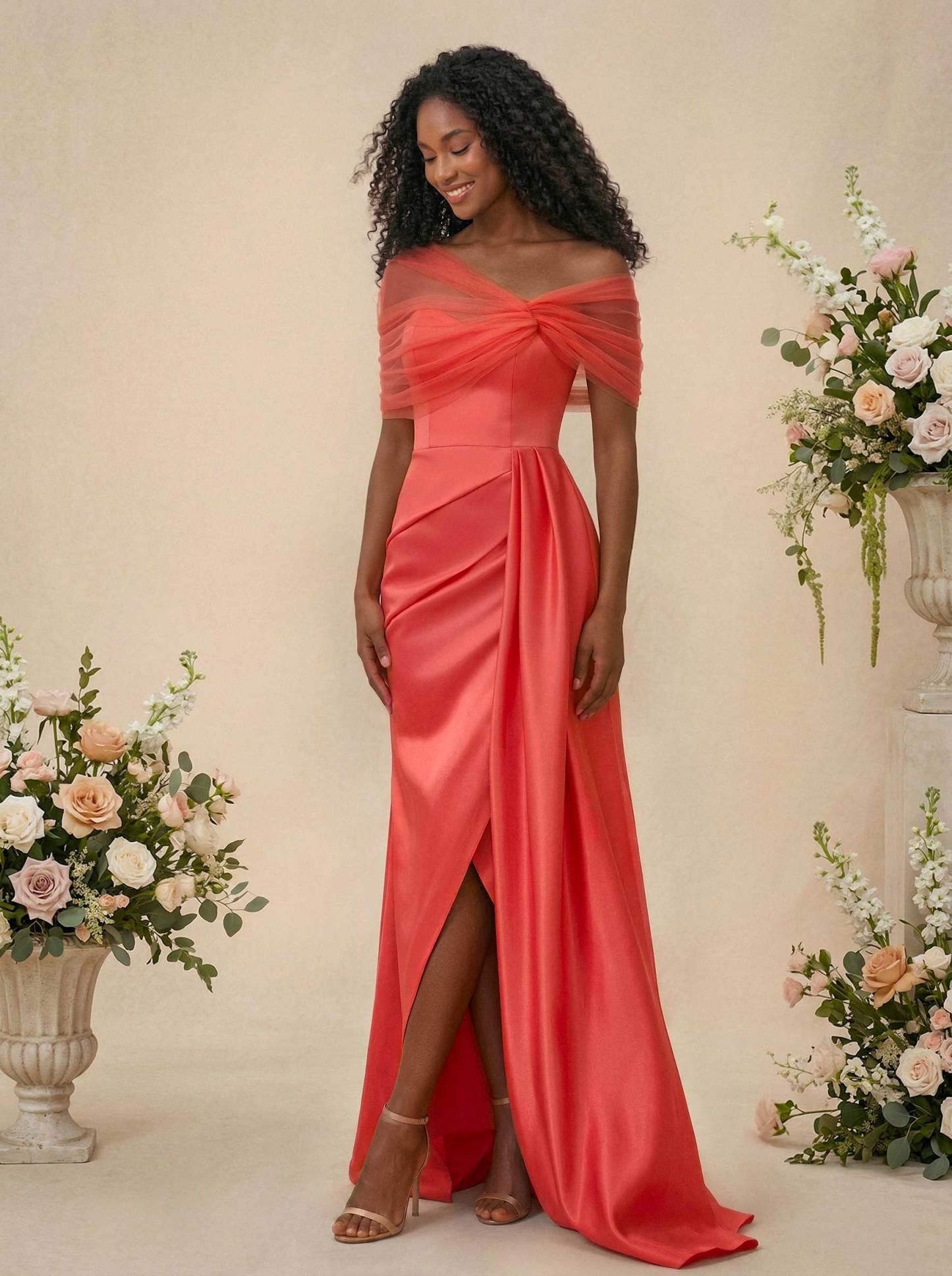 Trumpet/Mermaid Off-The-Shoulder Satin/Tulle Bridesmaid Dresses With Split Front, product image 1